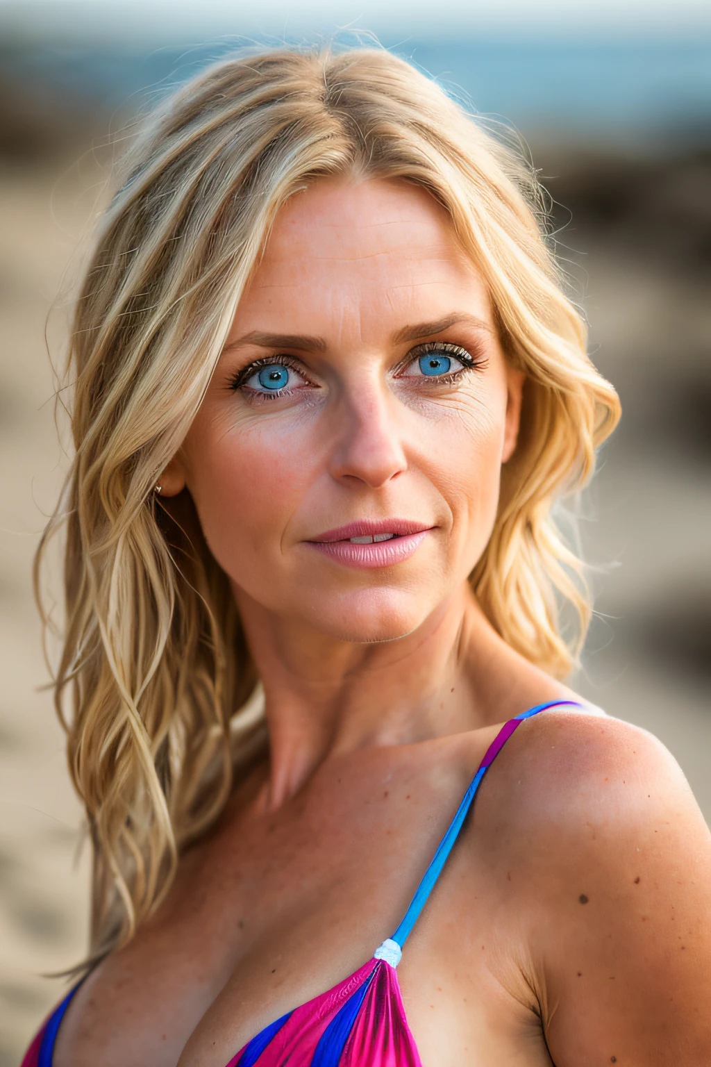realistic photo, a realistic photo of 33yo girl wearing a bikini, blonde hair, beach, (1girl), (extremely detailed CG unity 8k wallpaper), photo of the most beautiful artwork in the world, professional majestic (photography by Steve McCurry), 8k uhd, dslr, soft lighting, high quality, film grain, Fujifilm XT3 sharp focus, f 5.6, High Detail, Sharp focus, dramatic, (looking at viewer:1.2), (detailed pupils:1.3), (natural light),