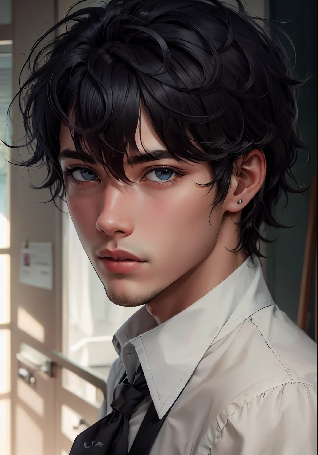 Garota de cabelos pretos e olhos escuros garoto de 23 anos, garoto adulto, boy with messy black hair, garoto bonito, garoto de cabelos pretos e olhos claros, garoto em seu quarto, quarto escuro