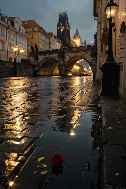 (best quality,4k,8k,highres,masterpiece:1.2),ultra-detailed,(realistic,photorealistic,photo-realistic:1.37),Prague in the evening after the rain,Charles Bridge,red roses lie on the bridge floor,the moon is reflected in a puddle,the lamps on the bridge glow yellow,raindrops on the rose petals,romantic evening,beautiful reflections on the wet ground,old architecture with intricate details,peaceful and serene atmosphere,light haze in the background,vibrant colors and contrasting shadows,calm river flow under the bridge,tranquil and dreamlike scenery,soft and gentle light,subtle ripples in the puddle,ethereal and mystical ambiance,impressive architectural silhouette in the distance,breathtaking view of the city skyline,romantic atmosphere created by the rain,clear reflections of the bridge in the water,rich textures and patterns on the bridge,romantic and intimate setting,sublime beauty of the illuminated bridge,softly illuminated surroundings,captivating mood and emotions,quiet charm of the night,subdued and calming color palette,enchanted and enchanting scene with a touch of nostalgia,peaceful and enchanting evening scene,a magical and atmospheric moment captured in time,reflection of the moon on the calm river surface,gentle and soothing raindrops on the rose petals,the sound of rain creating a serene ambiance,graceful and poetic scenery,harmony between nature and architecture,evocative and captivating composition,romantic allure of Prague in the rain,ethereal and enchanting beauty of the evening after the rain.