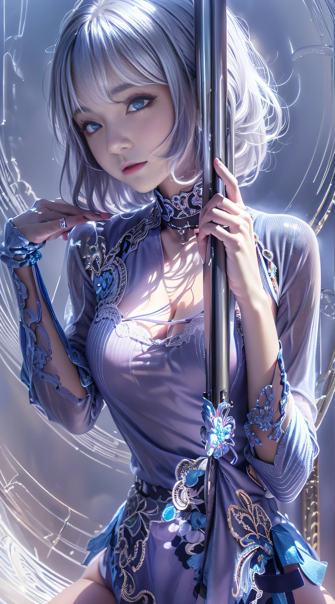 ((realisitic))、(masutepiece, Best Quality:1.5), Fractal Art, Silver Shorthair, Blue eyes, Spotlight, Sexy Pose, Beautiful girl doing pole dancing,Looking at the camera、Light in the eyes、