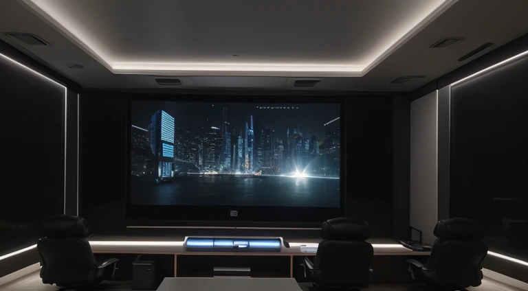 make a small modern, fancy, futuristic architecture detailled color grading very dark room, without window, with small spots of light or led strips, measuring 3 by 4 meters, a big cinema screen of 150 inches at one wall with greydark color walls with acoustic element, a desk in L format with some monitors, computers, and a ergonomic chair