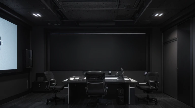 make a small modern, fancy, futuristic architecture detailled color grading very dark room, without window, with small spots of light or led strips, measuring 3 by 4 meters, a big cinema screen of 150 inches at one wall with greydark color walls with acoustic element, a desk in L format with some monitors, computers, and a ergonomic chair