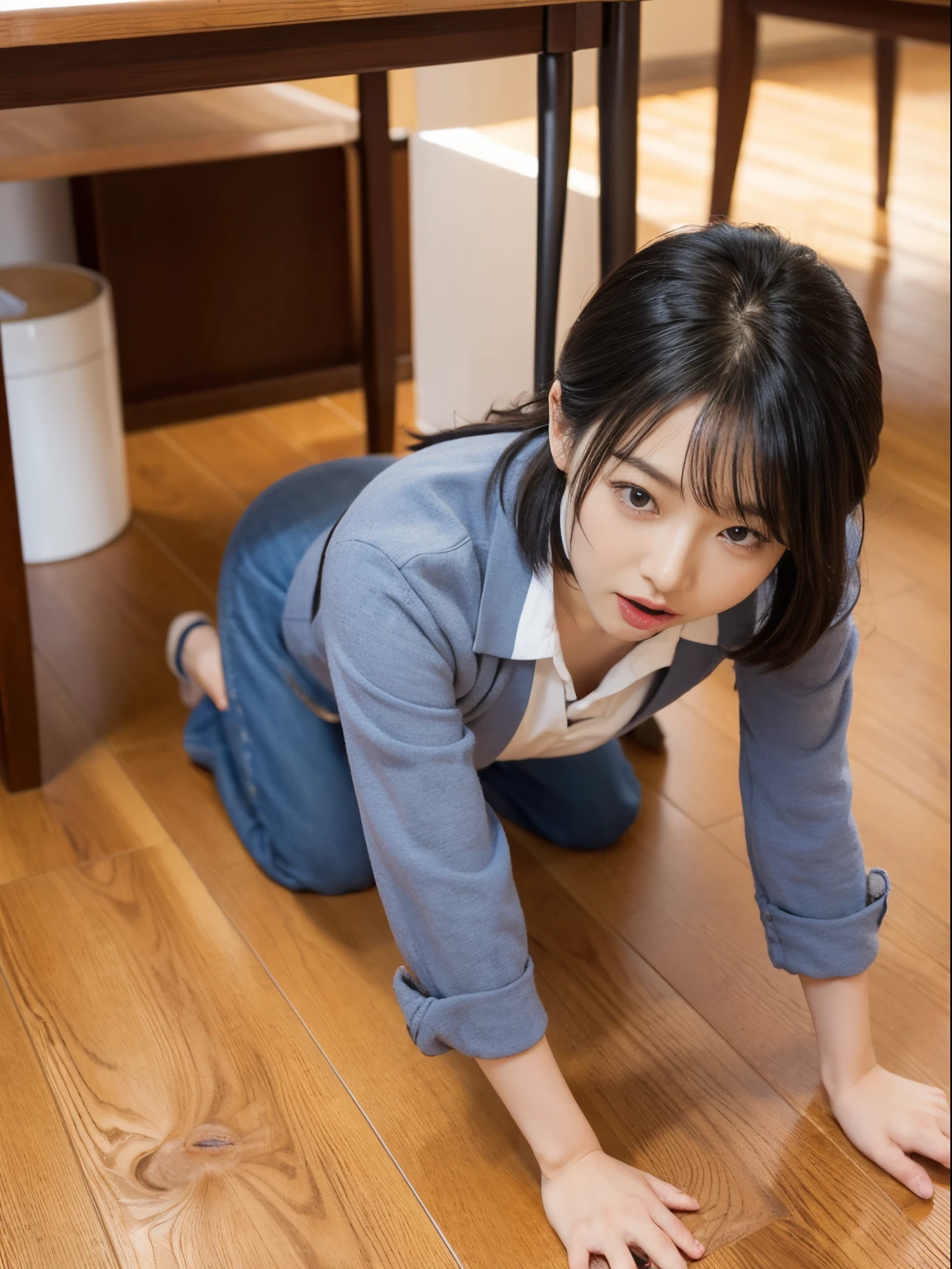 ulzzang -6500-v1.1, (Raw photo:1.2), (Photorealsitic:1.6), extremely detailed eye and face, Beautiful and big eyes, of the highest quality, [​masterpiece:1.6], [JK school uniform], Illuminated, (1 girl in)、17 age、Cute Japan high school girl、perfect body type、[Unbutton a white school blouse、Japan schoolgirl uniform]、[huge-breasted、heavy breasts、Ｉcups:1.9]、Sweat all over the body、[sofas:1.5]、(Wrap a student's ribbon around their necks)、School uniform skirt、(Unbuttoned white school blouse)、(no-bra:1.6)、(all-fours、Place your hands and knees on the floor、Stretch your arms straight down,、Raise your buttocks、Put your hands on the floor、Angle of shooting from the front at an angle、A man sticks his crotch to a girl's ass:1.9)、[bob cut  hair、sexual excitement、Lustful、Flushed face、no-makeup:1.6]、[red blush、Kamimei、Look at the camera:1.3]