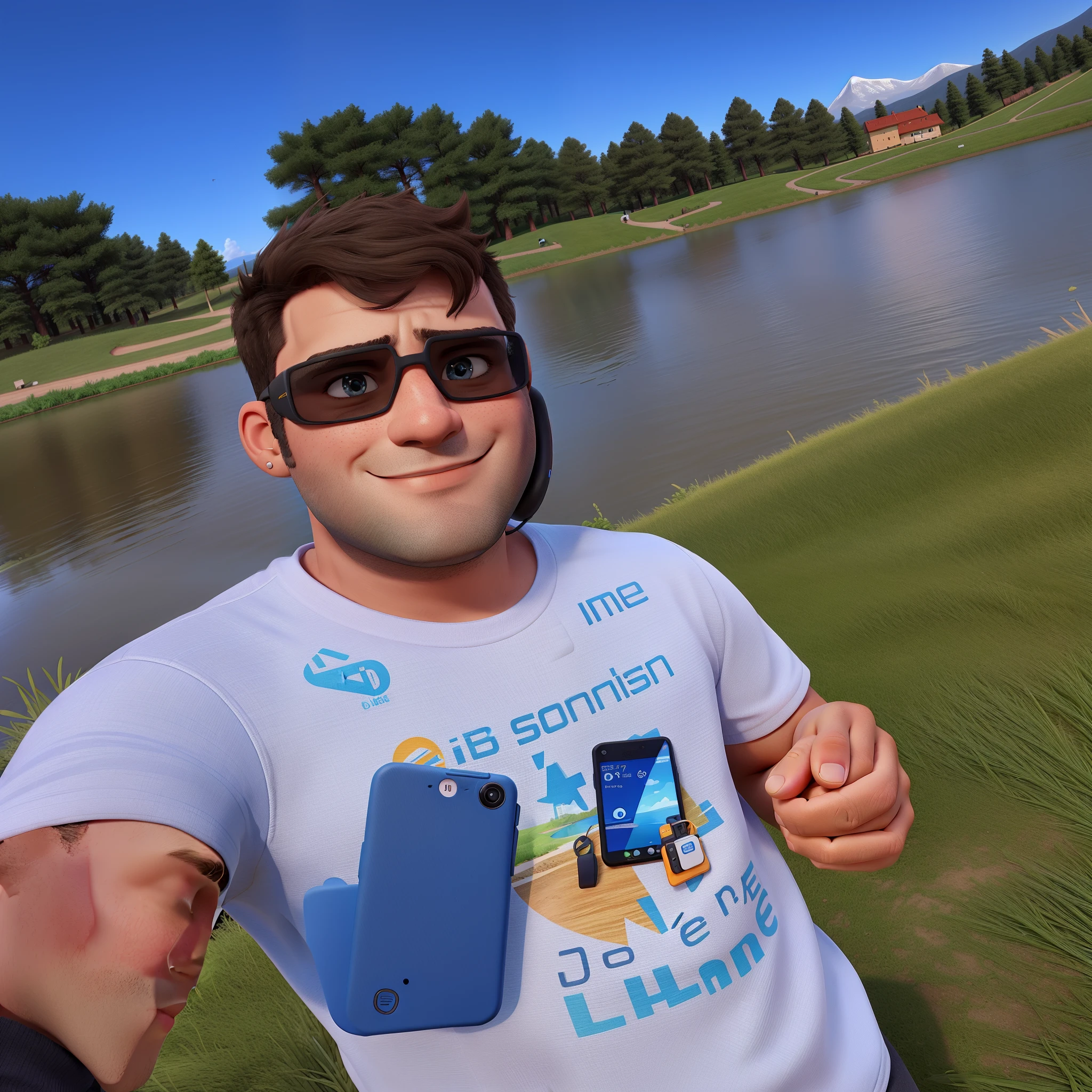 selfie of a man with a lake in the background and a bluetooth phone in his ear