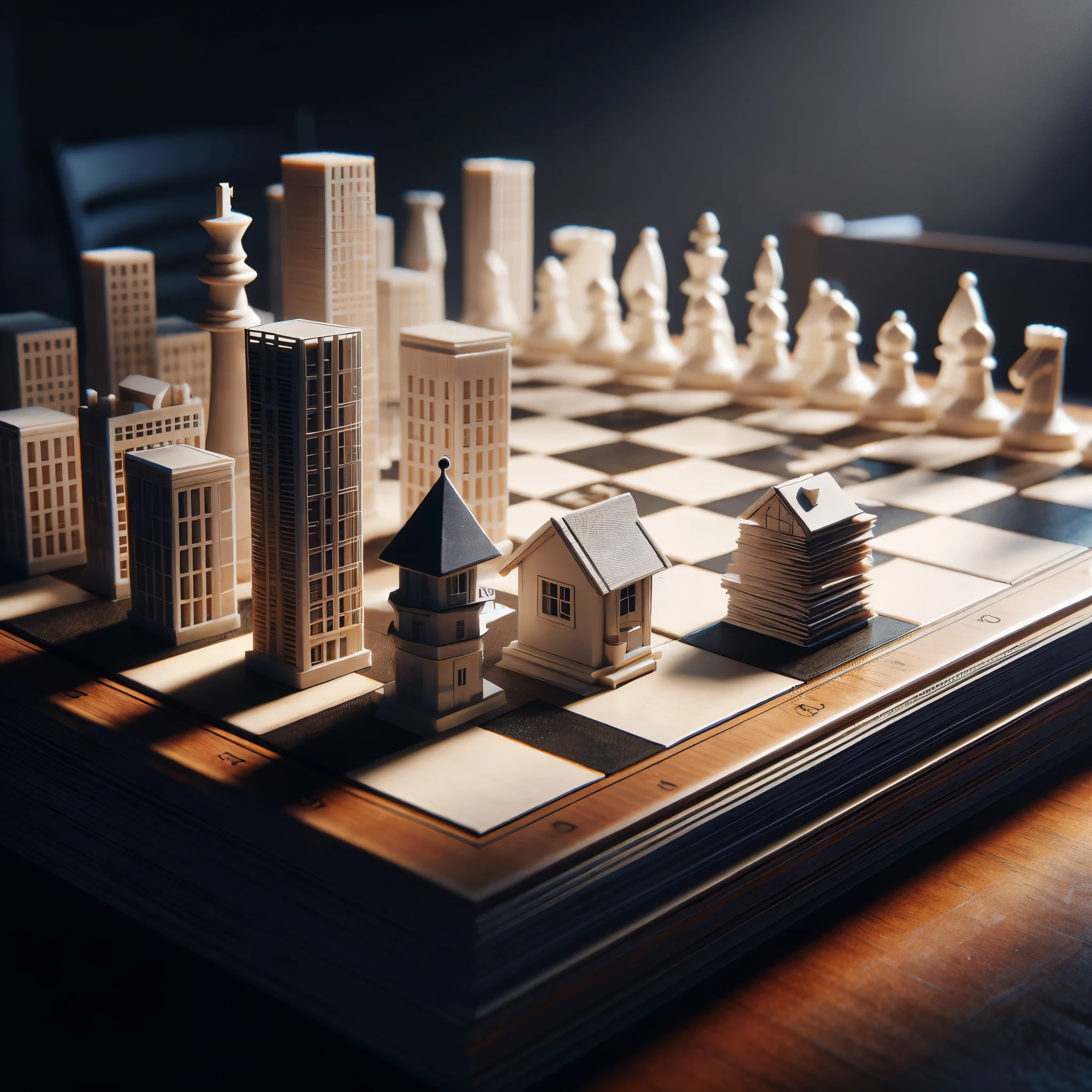 tabuleiro de xadrez com um tabuleiro de xadrez e um jogo de xadrez, jogos de tabuleiro em uma mesa, tabuleiro de jogo de mesa, strategy game, jogo de xadrez, artist's interpretation, Table model buildings, moderadamente detalhado, realista estilo 3d, Directed by: Daniel Seghers, modelo de mesa, hyper-realistic, hiper - realista, Directed by: Adam Marczyński, xadrez, jogos de tabuleiro