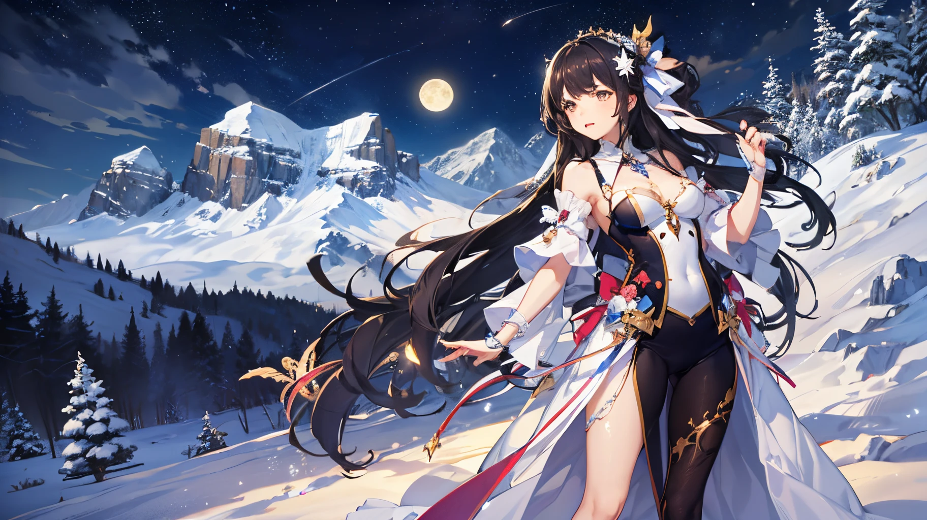 uma mulher nua, usando apenas coleira, imagem de corpo inteiro, moon light mountains and snow scenery focus on snowflakes --auto --s2
