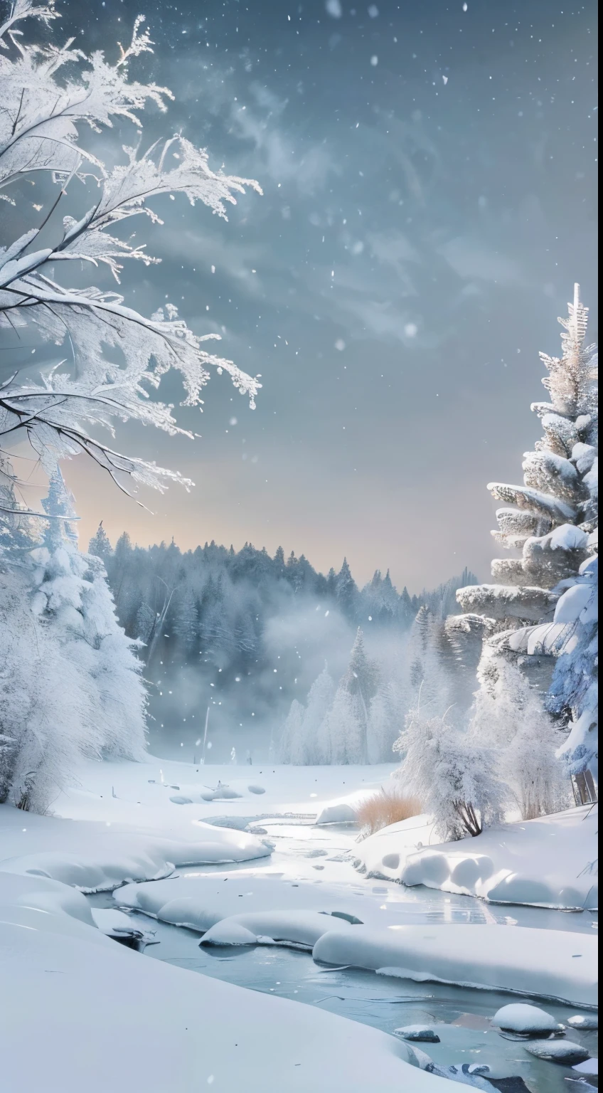 (tmasterpiece，8K,Best quality at best,A high resolution,ultra - detailed,ultra-realistic realism),The white,A world covered in silver, branches covered with snow, cold winter touch, Snowflakes dance like elves, Turn the world into a silver fairy tale, Cold, Peaceful and beautiful snow scene, Comfortable and calm