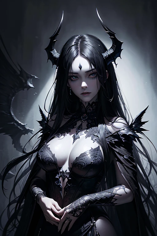 a gothic pale woman with beautifully tattooed horns, a goddess of darkness with seductive features and demon wings, (intense and seductive) eyes, a (pale and flawless) face, (sharp and captivating) cheekbones, (plump and alluring) lips, (flowing and dark) hair, (mysterious and enchanting) aura, (elegant and tasteful) black clothing, (intricately designed) tattoos, (sinister and alluring) presence, (allurignly) confident stance, (subtly) glowing eyes, (graceful and strong) body language, (mesmerizing) gaze, (hauntingly) beautiful expression, (charmingly) crooked smile, (faint and delicate) horns, (delicate and intricate) wing details, (sharp and ominous) edges, (dark and ominous) wingspan, (gracefully) extended wings, (elegant and graceful) poses, (ethereal and enchanting) background, (subtle and atmospheric) lighting, (dark and moody) color palette, (mysterious and captivating) atmosphere, (dramatic and intense) shadows, (intricately) detailed artwork, (high contrast and dramatic) portraits, (hauntingly) beautiful scenery, (majestic and mystical) vibes, (emotionally) powerful imagery, (rich and deep) textures, (hypnotic) visual effects, (dreamlike) illusions, (intense and mesmerizing) compositions, (stunning and immersive) realism.