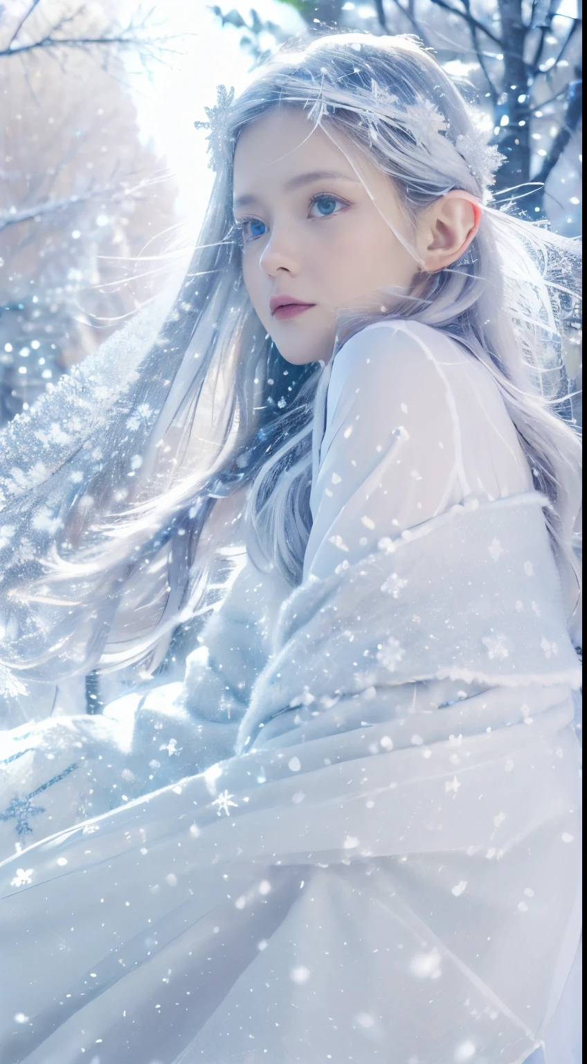 (double contact:1.5),(tmasterpiece，8K,Best quality,A high resolution,ultra - detailed,ultra-realistic realism),(Big snowflakes:1.4),The white,A world covered in silver, branches covered with snow, cold winter touch, Snowflakes dance like elves, Turn the world into a silver fairy tale, Cold, Peaceful and beautiful snow scene, Comfortable and calm