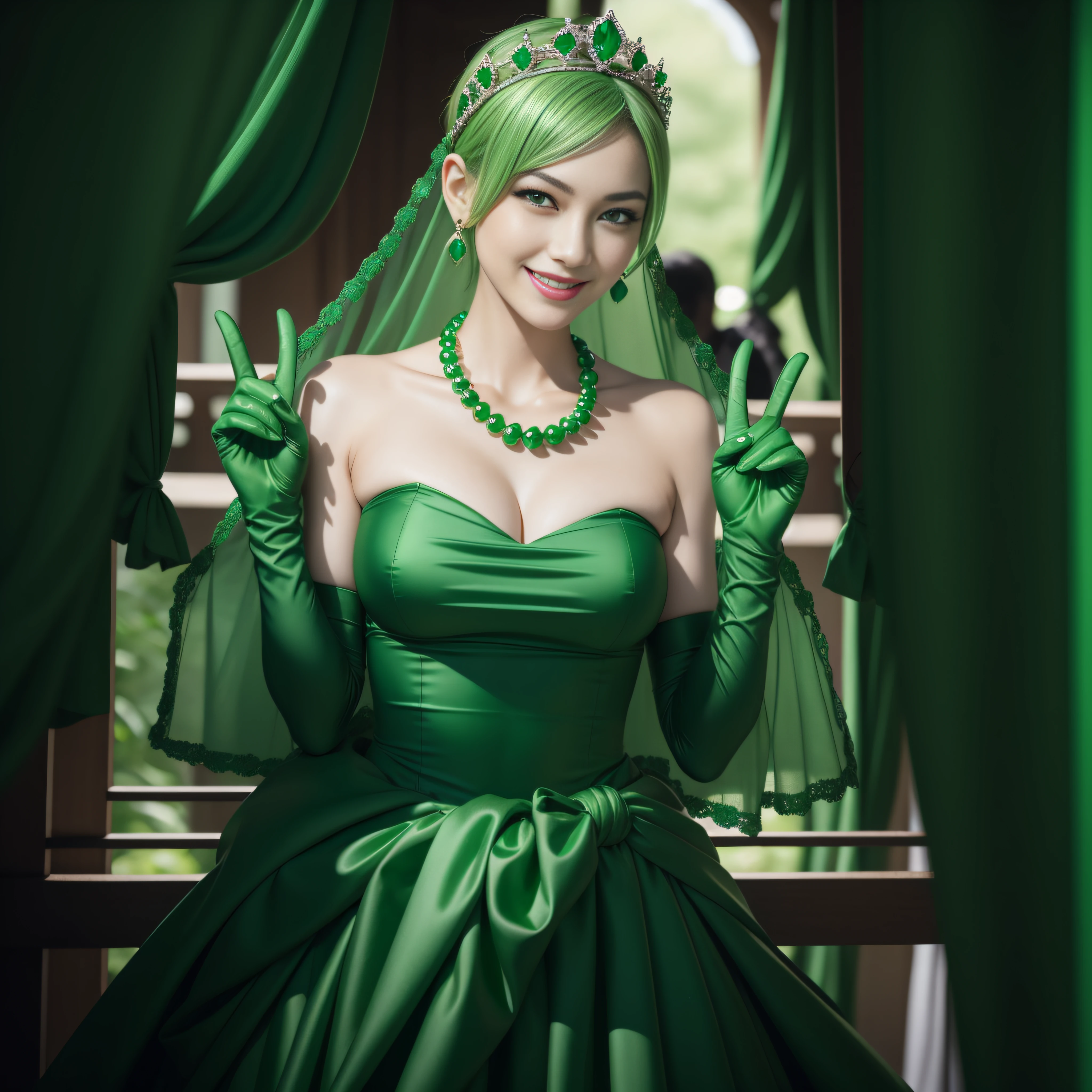 emerald tiara, Green Pearl Necklace, Boyish very short black hair, lipsticks, Japan woman smiling, very short short hair, big breasts beautiful, Green eyes, Long green gloves made of satin material, Green eyes, Emerald Earrings, green vale, v sign