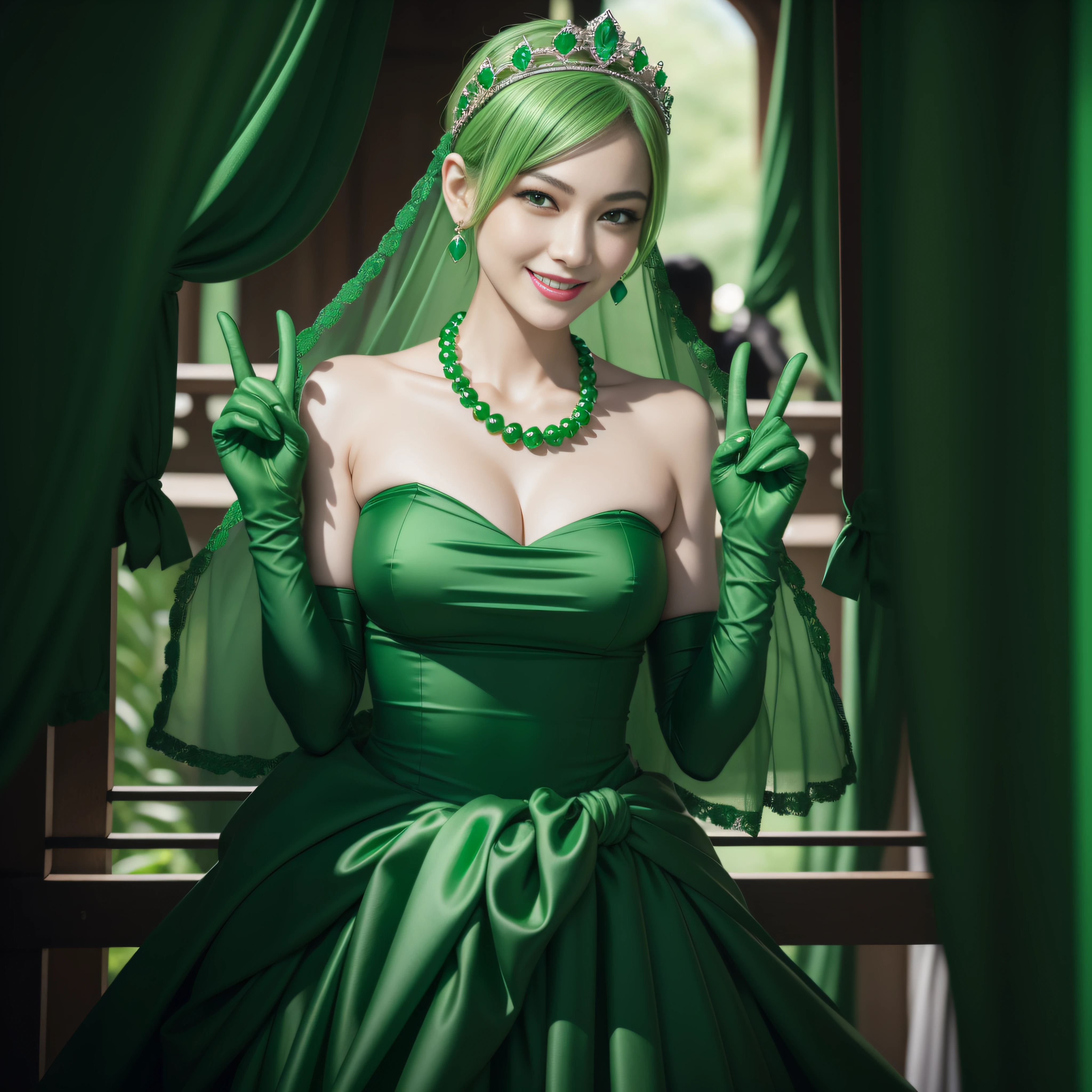 emerald tiara, Green Pearl Necklace, Boyish very short black hair, lipsticks, Japan woman smiling, very short short hair, big breasts beautiful, Green eyes, Long green gloves made of satin material, Green eyes, Emerald Earrings, green vale, v sign