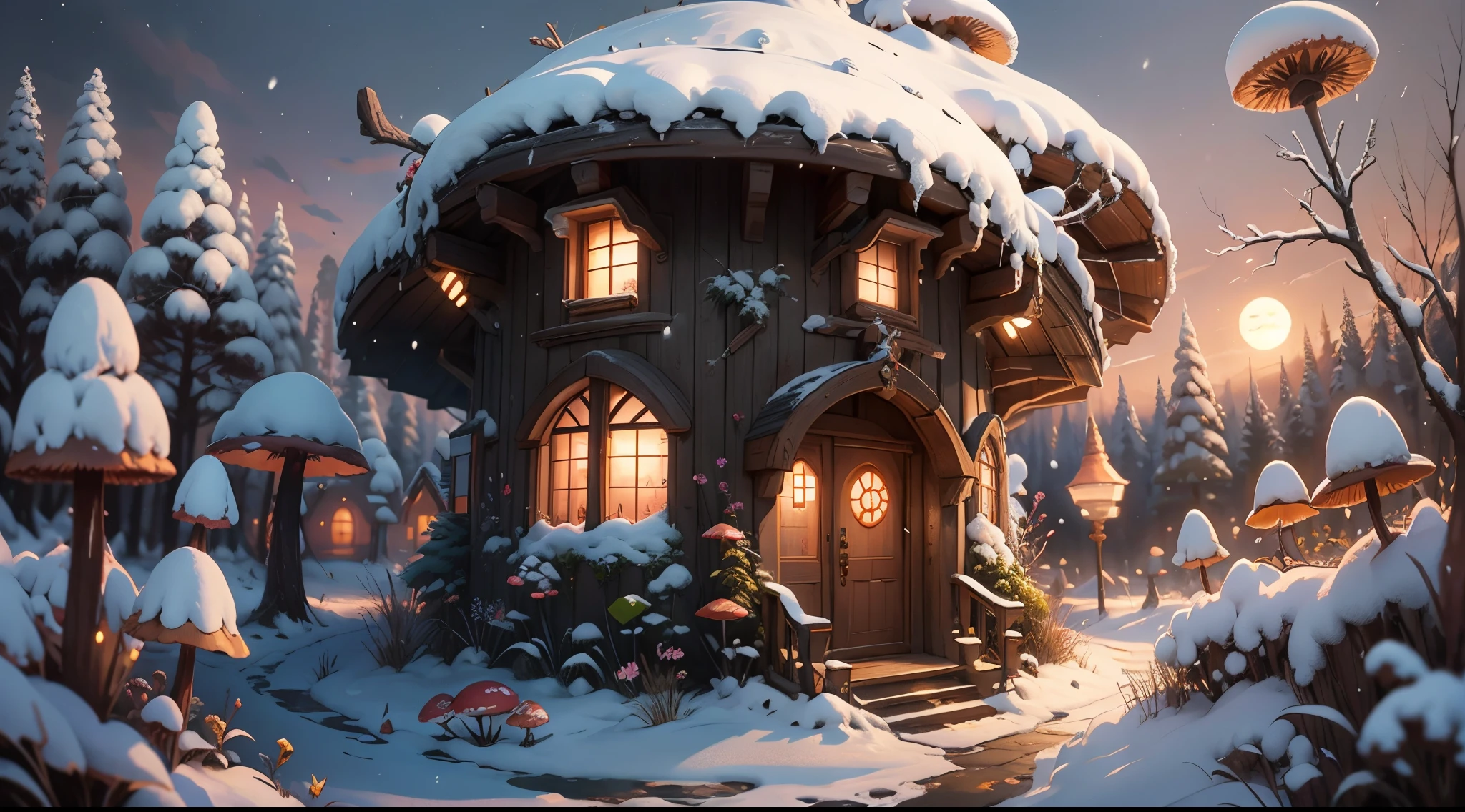 fairy tale picture book，（Cogumelos：1.3），（mushroom house：1.4），Oyuki，（snow cover：1.4），the setting sun，eventide，Blooming flowers，a plant，OC renderer，high high quality，16K resolution，（Best quality），（tmasterpiece），ultra - detailed，Detailed details，Accurate