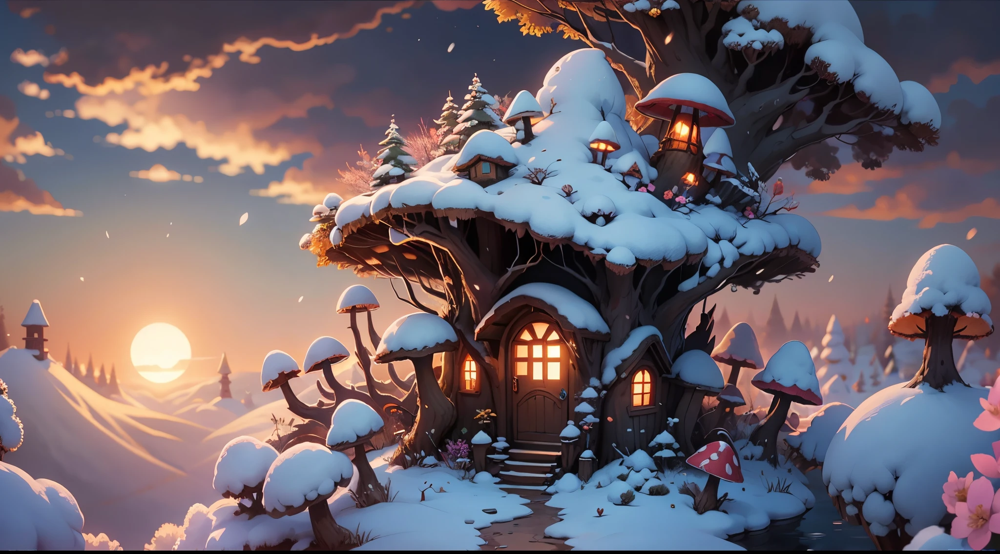 fairy tale picture book，（Cogumelos：1.3），（mushroom house：1.4），Oyuki，（snow cover：1.4），the setting sun，eventide，Blooming flowers，a plant，OC renderer，high high quality，16K resolution，（Best quality），（tmasterpiece），ultra - detailed，Detailed details，Accurate