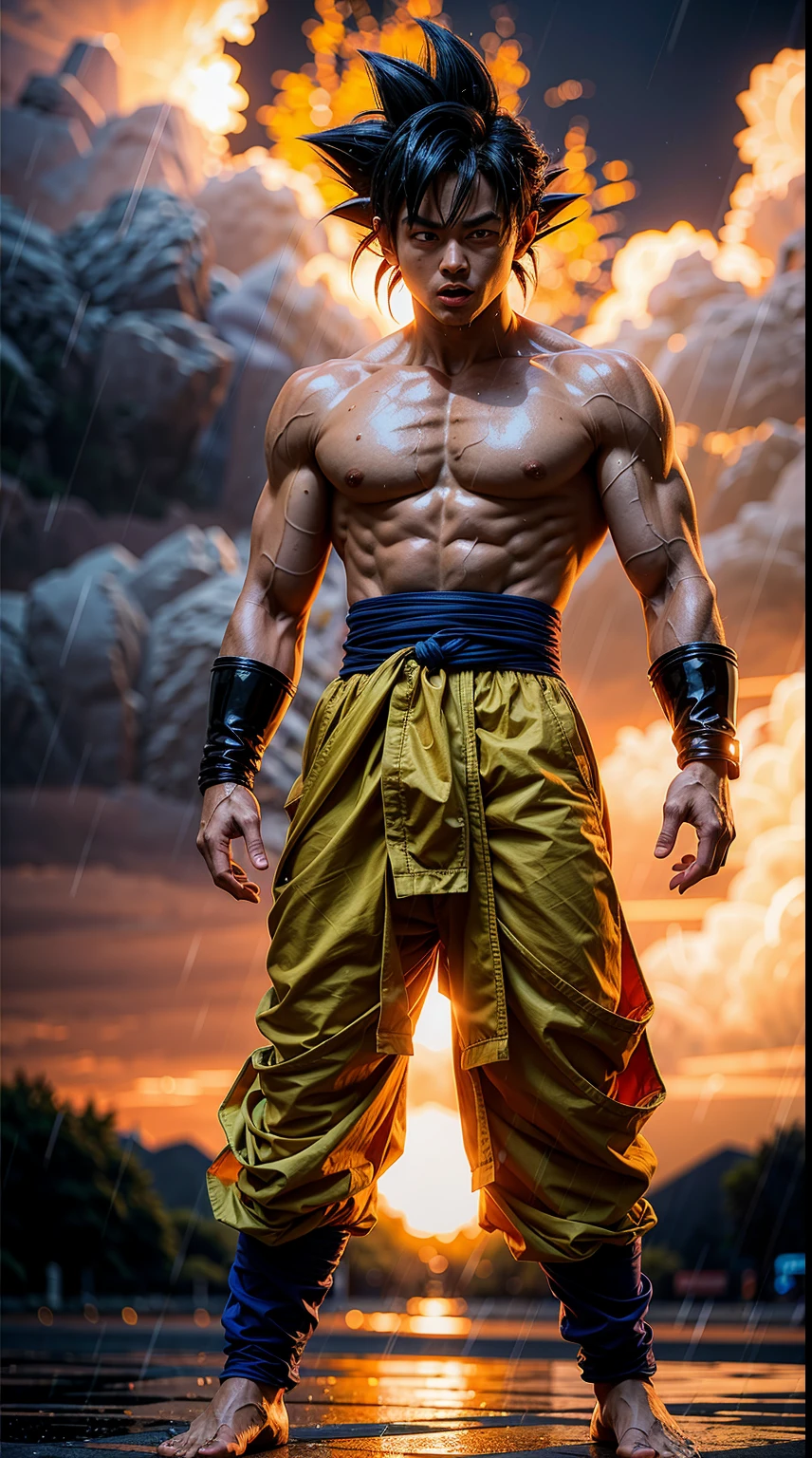 Goku standing in rain, wet strong body, blur background, realistic, 8k