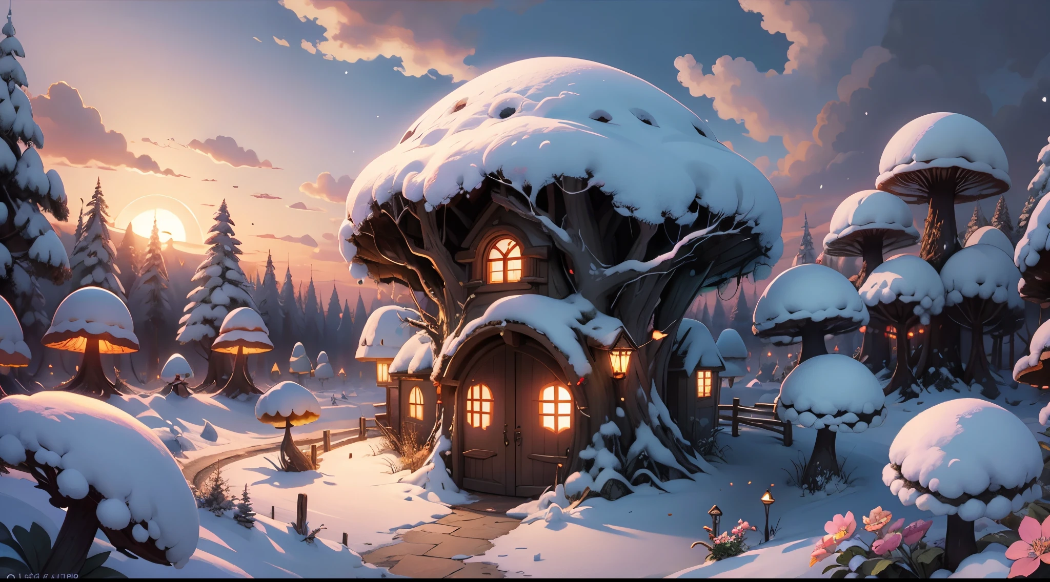 fairy tale picture book，（Cogumelos：1.3），（mushroom house：1.4），Oyuki，（snow cover：1.4），the setting sun，eventide，Blooming flowers，a plant，OC renderer，high high quality，16K resolution，（Best quality），（tmasterpiece），ultra - detailed，Detailed details，Accurate