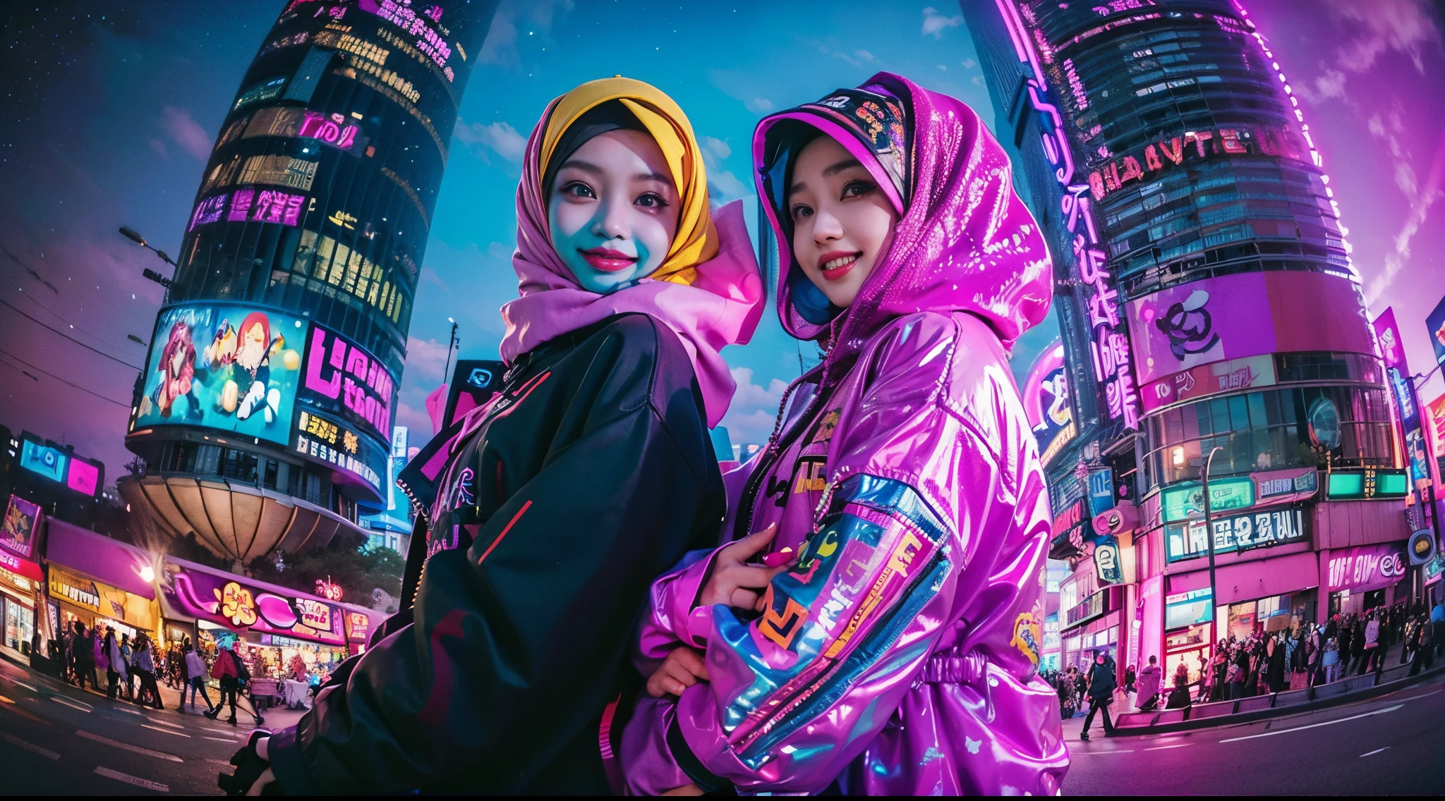 ((2 cyberpunk malay girls in hijab wearing colorful Harajuku style pop outfit)), ((fisheye lens)), cowboy shot, wind, cyberpunk cityscape, (aesthetics and atmosphere:1.2), smiling, ((cinematic lighting))