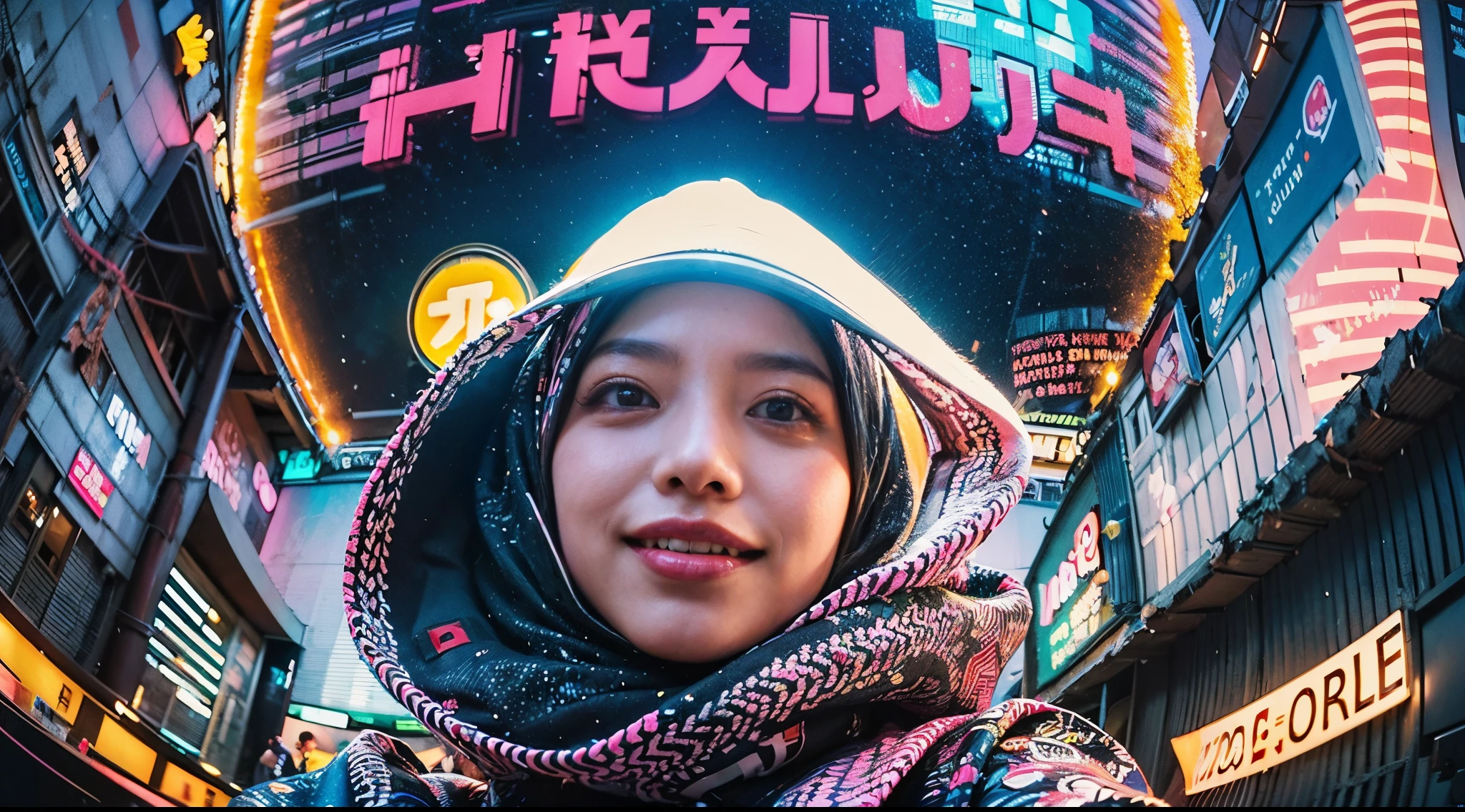 ((2 cyberpunk malay girls in hijab wearing colorful Harajuku style pop outfit)), ((fisheye lens)), cowboy shot, wind, cyberpunk cityscape, (aesthetics and atmosphere:1.2), smiling, ((cinematic lighting))