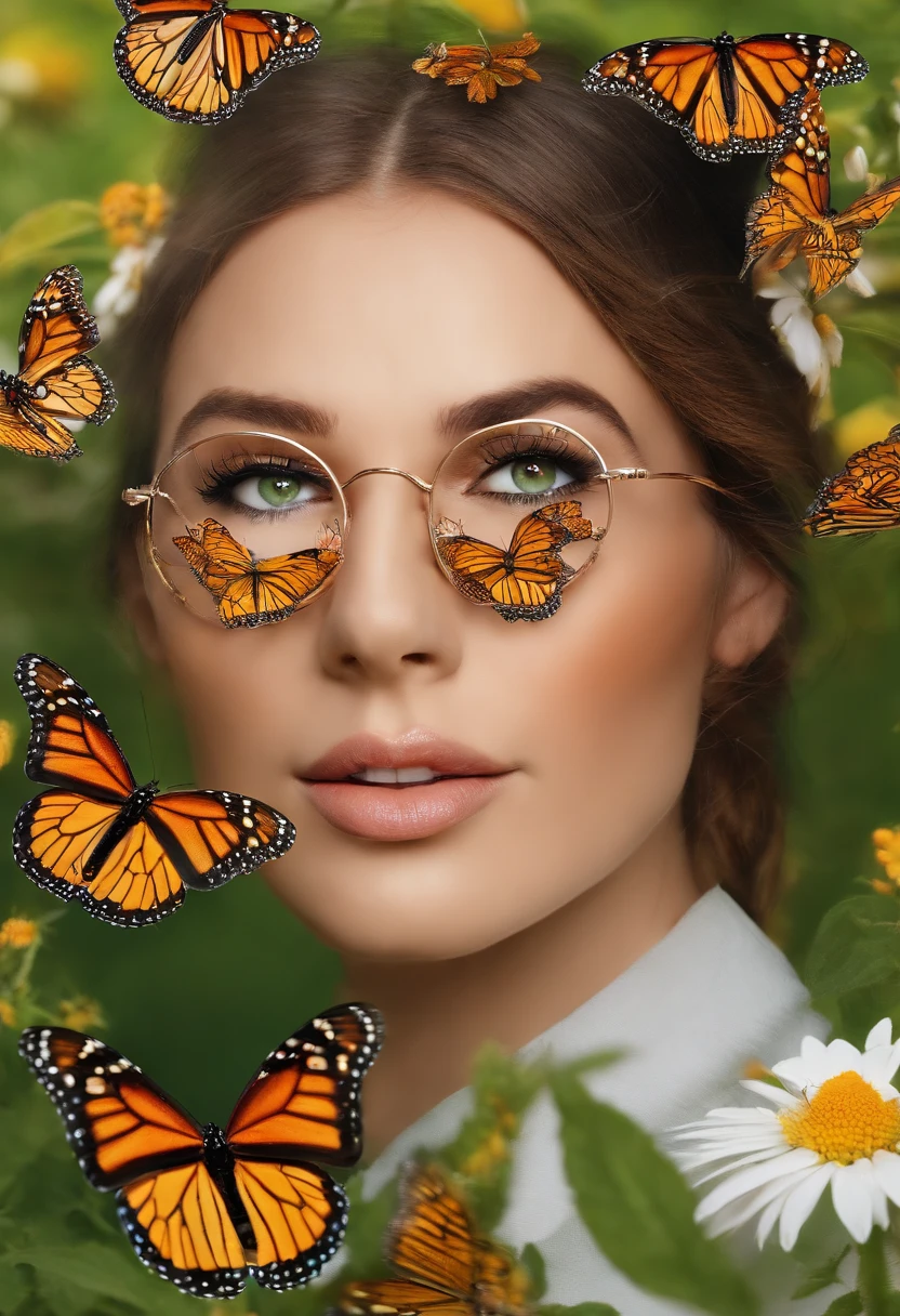 ButterflyEffect capturing a mesmerizing shot of a group of monarch butterflies gracefully fluttering through a field of wildflowers,original,ButterflyEffect has long hair and wire rim glasses. He has a hook nose and bright green eyes., male