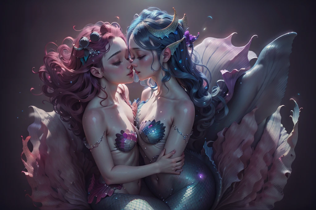 mermaid, (2girls, kiss, eye contact:1.2)
