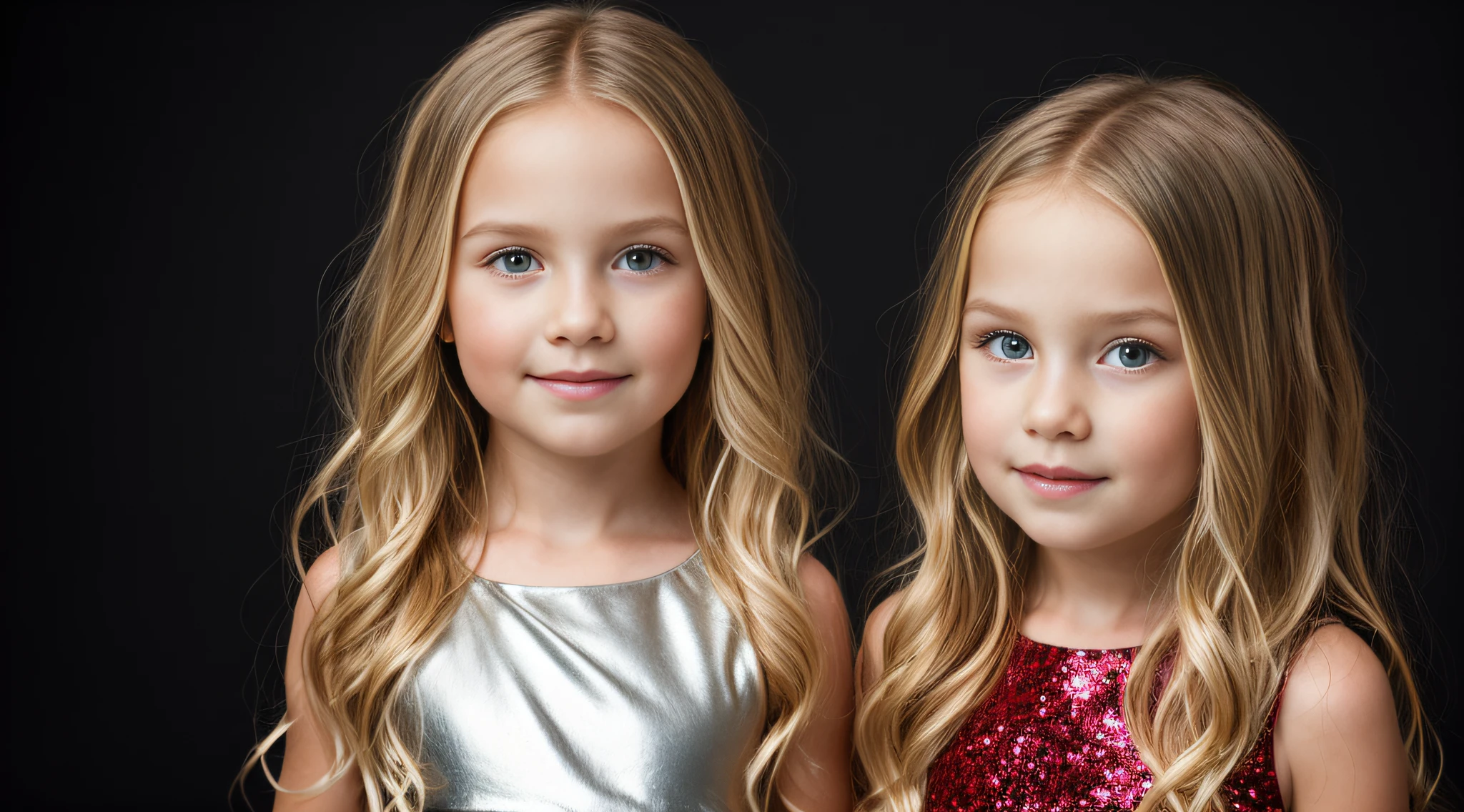 close-up CHILDREN BLONDE GIRL WITH VERY LONG HAIR, em um fundo escuro, studio photo session, Vestido prateado. HALO NO LASER VERMELHO.