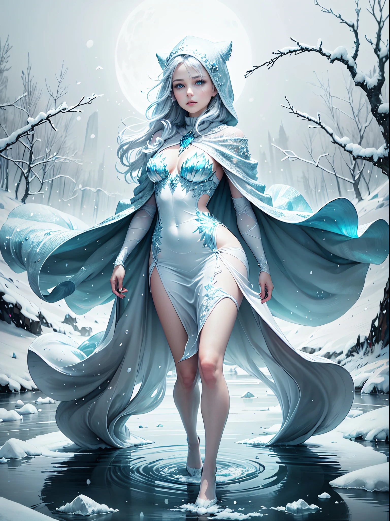 (Best quality at best,4K,8K,A high resolution,tmasterpiece:1.2),ultra - detailed,(actual,realisticlying,Photorealistic:1.37),frost witch style,ice blue,Sparkling snowflakes,Frozen landscape,Robe made of ice shards,Mystic aura,Magical ice crystals reflecting light,Sharp and sharp gaze,eyelashes covered with frost,Elegant and ethereal figure,ice cap on head,Delicate frost lines on the skin,You can see the cold breath,The icy wind swirls around,Ice magic shines in hands,Frozen branches stick out,Long silver hair sparkling like ice,Eerie and haunting atmosphere,Dark mysterious forest background,The moonlight casts a charming light,Northern lights dance in the sky,Fascinating and powerful presence,Subtle hints of ancient magic,otherworldly beauty,Glacial magic swirls around,A crystal clear ice palace,Isolated and magical winter kingdom,frozen rivers and lakes,Ice crystals form intricate patterns,Hooded cloak fluttering in the wind,Elegant and graceful movements,Icy spikes form a protective barrier,Snowy footsteps lead to the unknown,Deep blue eyes sparkle with wisdom and strength,Chilling characters.