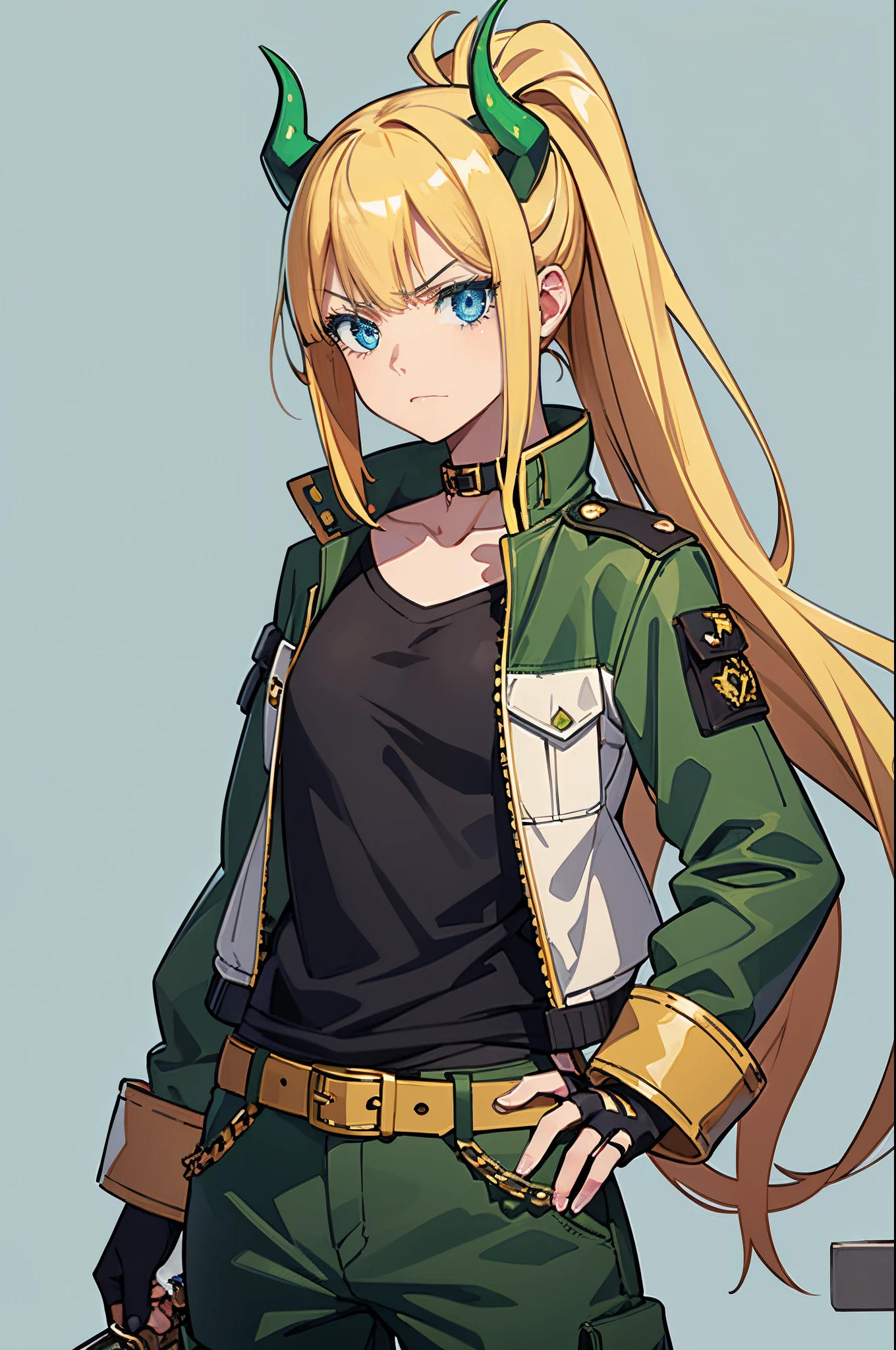 masterpiece,best quality, solo, 1 girl, female figure, (medium smallbreasts), (young female body: 1.4), Fairy Tail anime style, cowboy shot, green horns, yellow blonde hair, extra long hair, wavy yellow hair, blunt bangs, hime cut, blue eyes, crystal blue eyes, angry, bright green demon horns, bright light green horns, thick green demon horns, cargo pants, baggy pants, belt chains, golden chains, gold details, t shirt, tight white military shirt, shirt tucked in, fingerless gloves, high ponytail, jacket, cropped jacket, white background, spiky collar with chain, baggy pants, short jacket, thick dog collar, chain attached to collar, light green horns, light green demon horns, green horns, light green horns, green horns, horns green