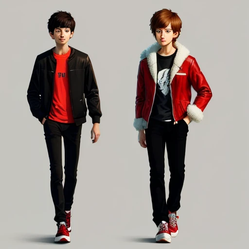 Only two teenagers, two young males, brown hair, desert background, 4k, Pokémon trainers, standing up