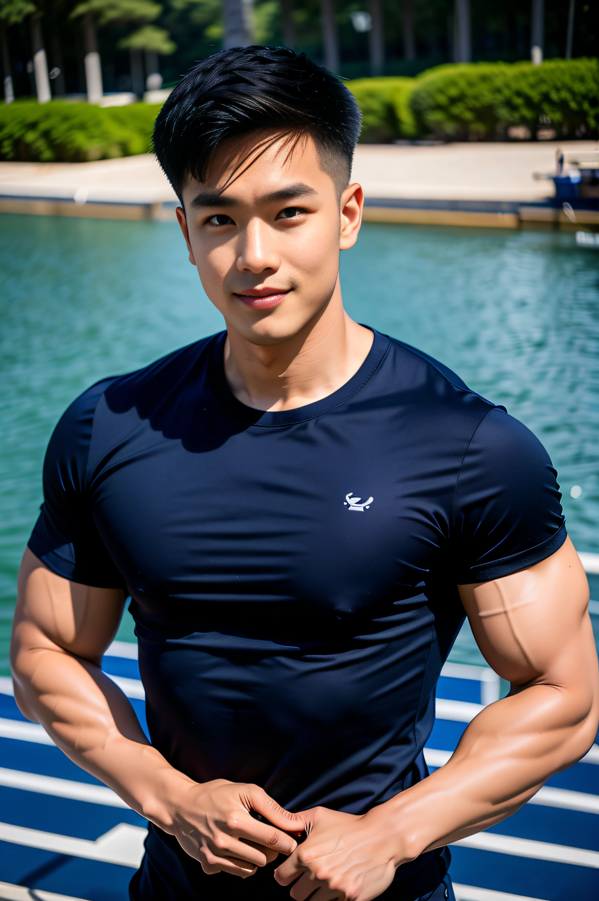 1 man, smile, (Wear a navy and black round neck shirt., Short-sleeved shirt.), Navy Cargo Pants, Young Korean , Korean Men, (High shadow detail), Pectoral muscles, Big arm muscles, blood vessel, Big muscles, Wide shoulders, looking at the audience, balance eyes, (eye contact), stadium,rugby sport