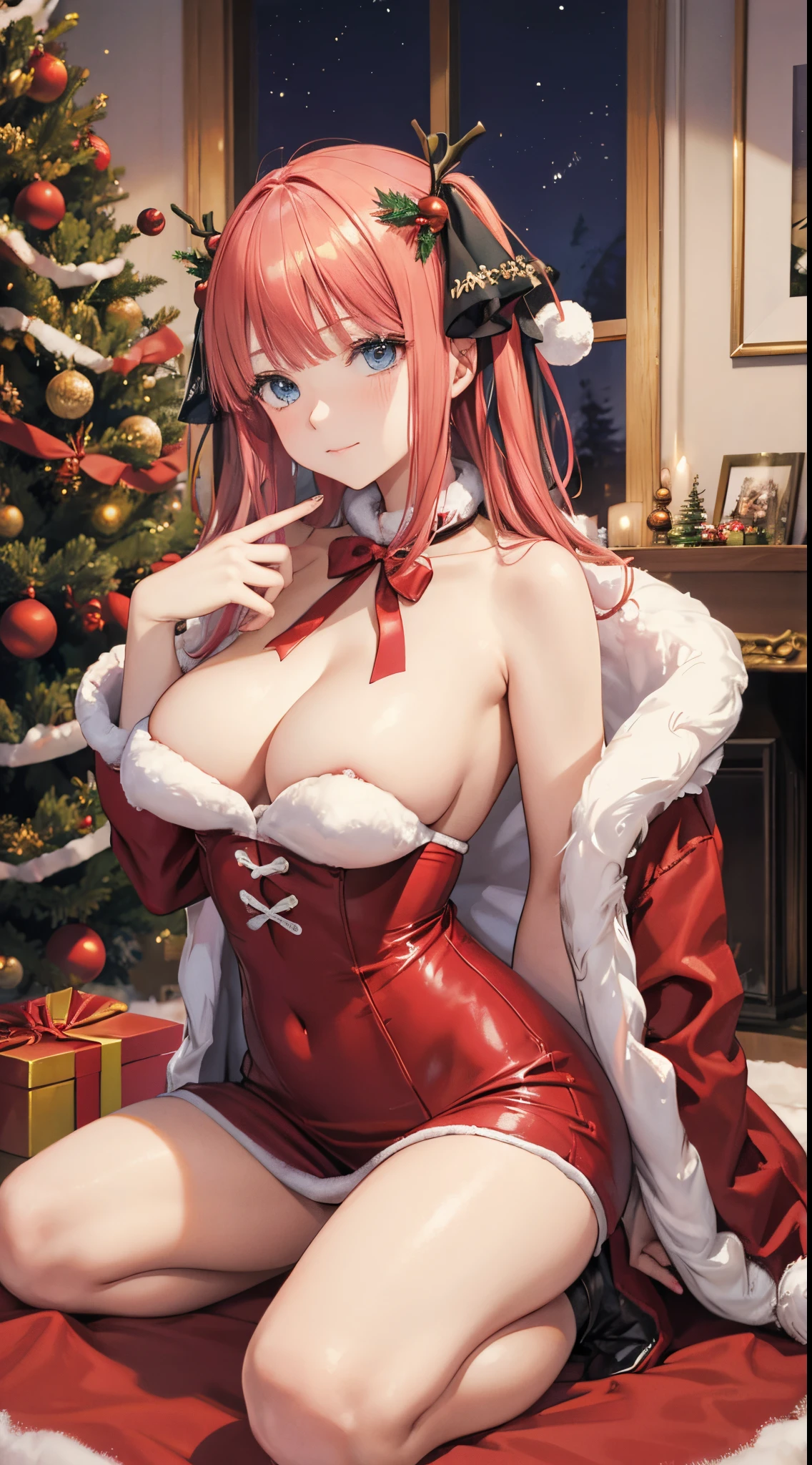 Nino Nakano cabello blanco,christmas erotic,casa sentada bajo el pino de navidad regalos
