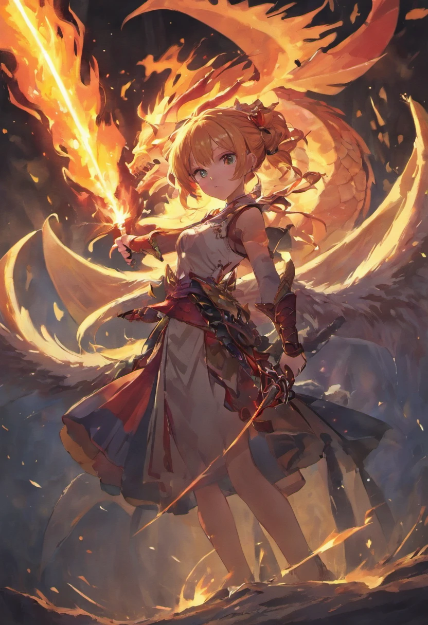 tmasterpiece,quality,8K,dragon girl,full bodyesbian, Dragon's horn,Heterochromatic pupil ,Wearing dragon scales,Holding dragon sword,((fire saber)),Black wings,(feater),Permanent,Immortal background,
