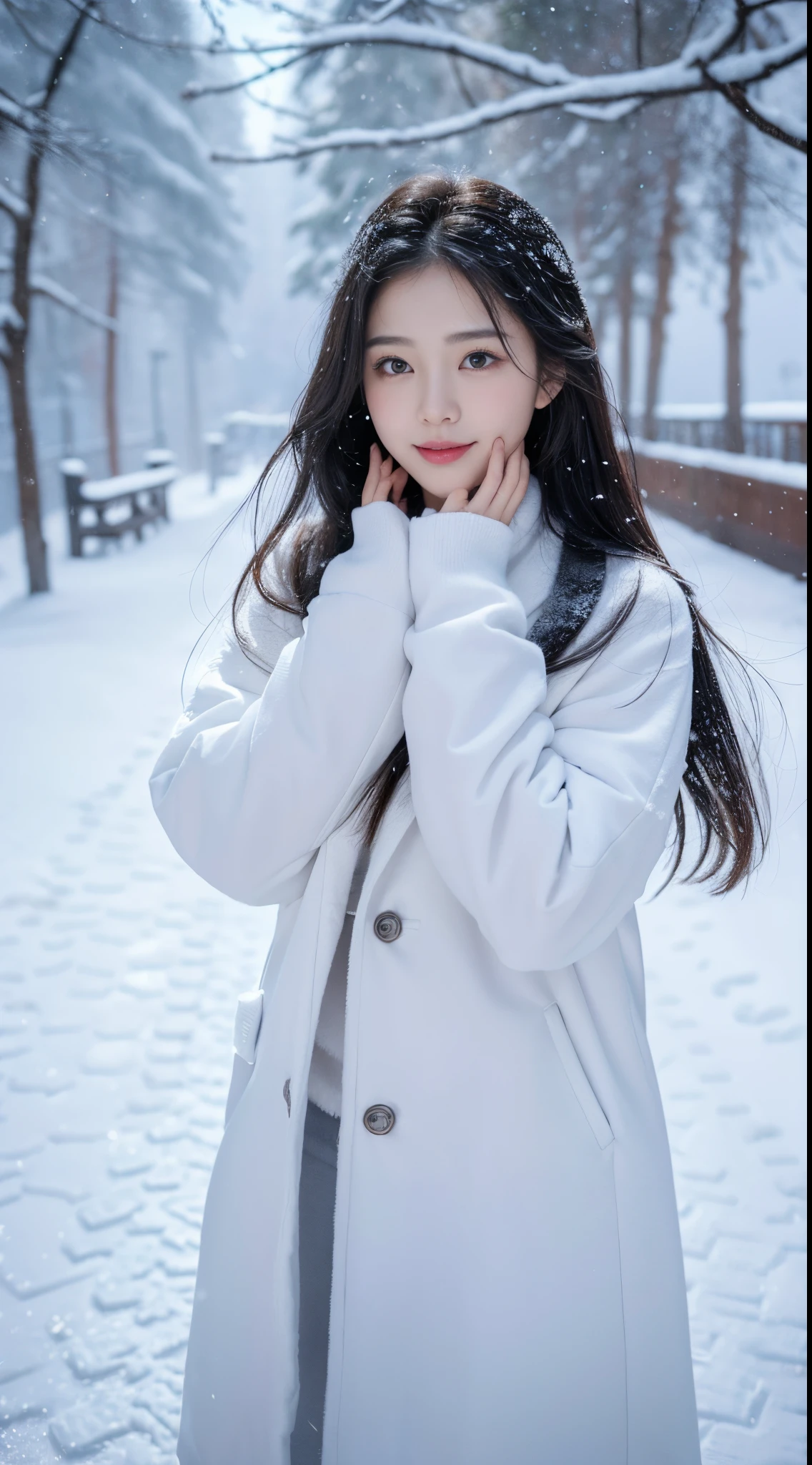 (tmasterpiece,8K,Best quality at best,A high resolution,ultra - detailed,ultra-realistic realism),(beautiful big snowflakes:1.4),(Best quality,4K,8K,A high resolution,tmasterpiece:1.2),ultra - detailed,(realistically:1.37),A world covered in ice and snow,I walk side by side with you。Hand in hand,footprints in the snow,Make great memories。snowflakes falling,like a dream,Our laughter echoes in the cold。love in the snow,pure and warm,Let our hearts be tightly connected,Never separate。