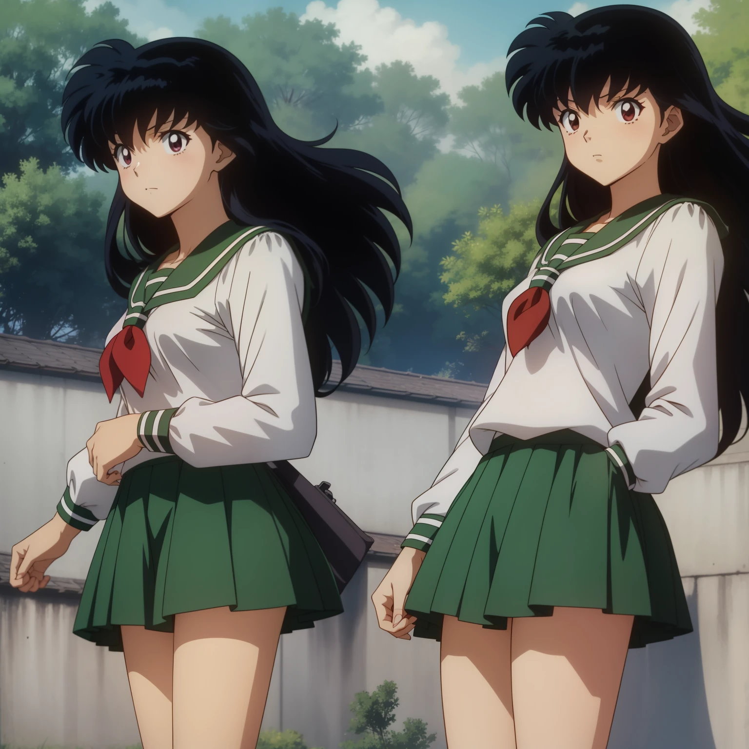 Best Quality, 巨作, ((anime)) ((Colored)) HD, Kagome Higurashi, 1girl, school uniforms, Standing, Green skirt, Red scarf, long hair, Black hair between the eyes, Thighs are soft, school background