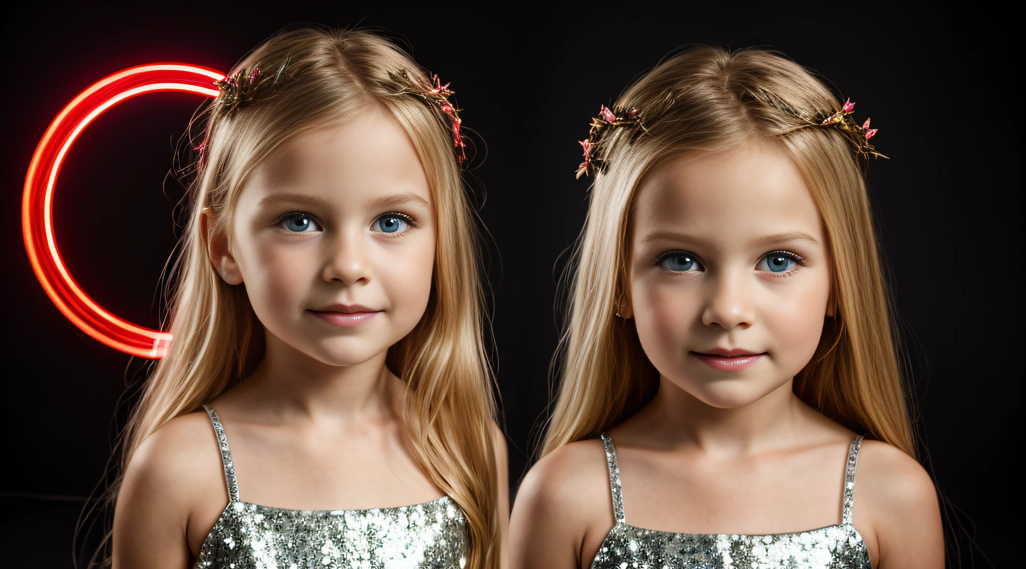 HALO DE LASER VERMELHO, close-up CHILDREN BLONDE GIRL WITH VERY LONG HAIR, em um fundo escuro, studio photo session, Vestido prateado.