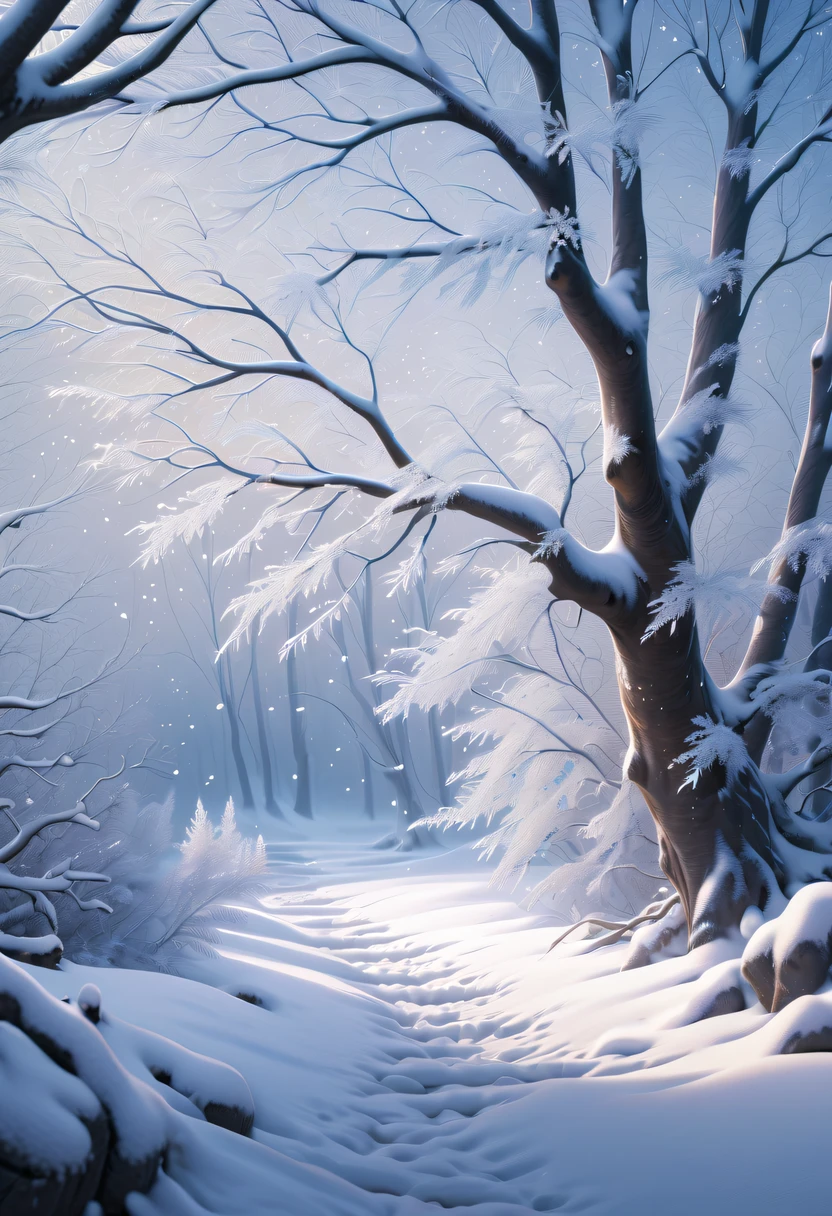 (tmasterpiece,8K,Best quality at best,A high resolution,ultra - detailed,ultra-realistic realism),(beautiful big snowflakes:1.4),The white,A world covered in silver, branches covered with snow, cold winter touch, Snowflakes dance like elves, Turn the world into a silver fairy tale, Cold, Peaceful and beautiful snow scene, Comfortable and calm