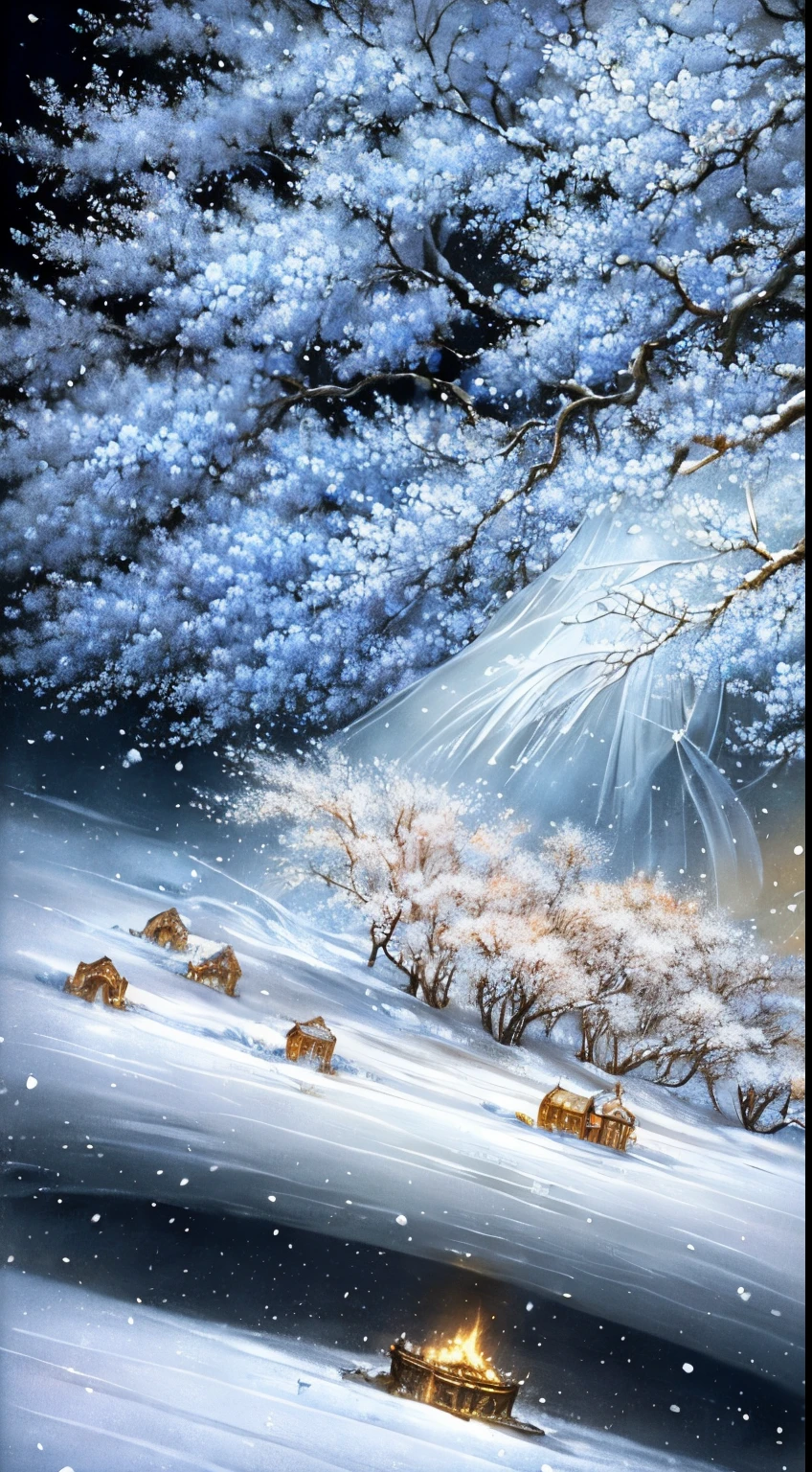 (tmasterpiece，8K,Best quality,A high resolution,ultra - detailed,ultra-realistic realism),The white,A world covered in silver, branches covered with snow, cold winter touch, Snowflakes dance like elves, Turn the world into a silver fairy tale, Cold, Peaceful and beautiful snow scene, Comfortable and calm