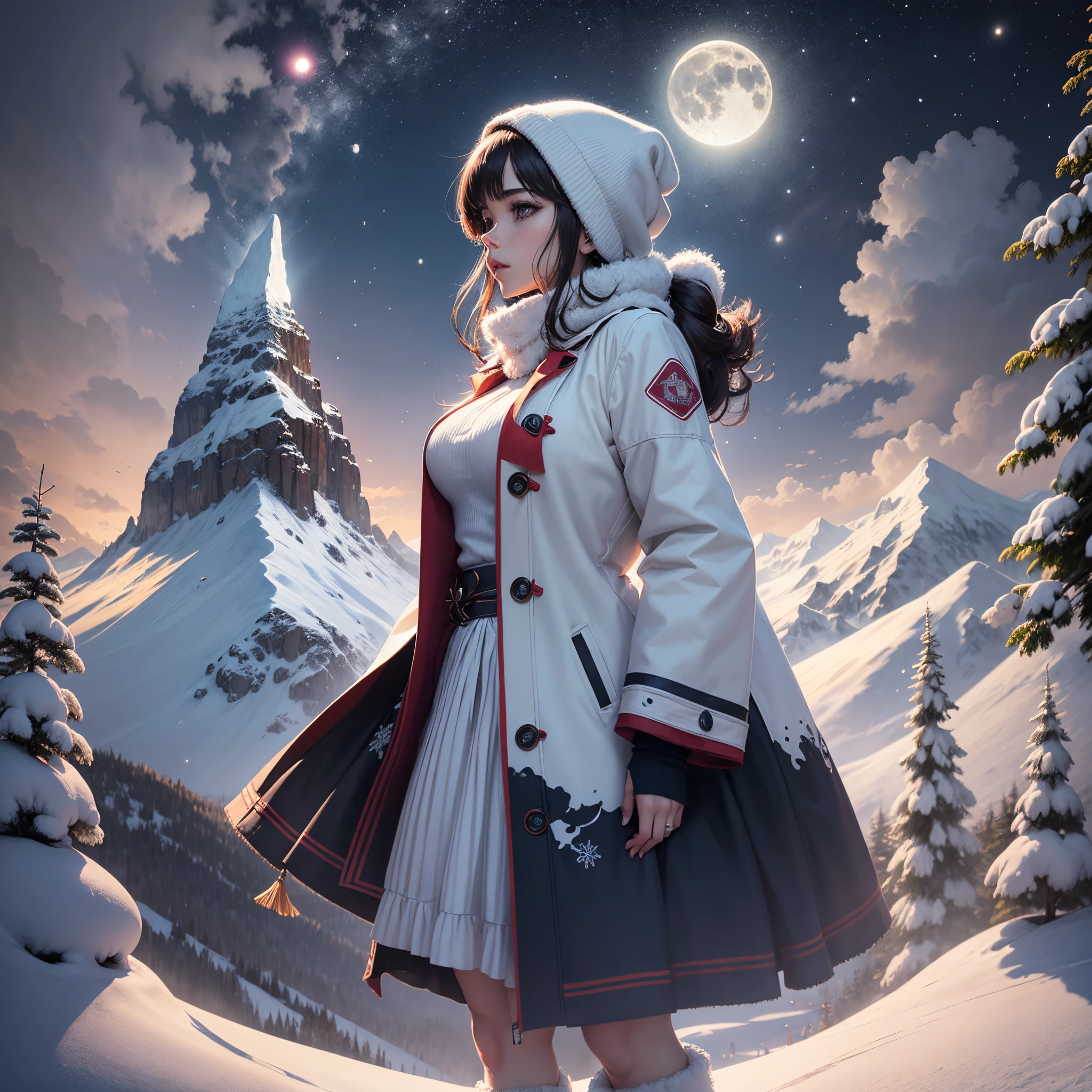 uma mulher nua, usando apenas coleira, imagem de corpo inteiro, moon light mountains and snow scenery focus on snowflakes --auto --s2