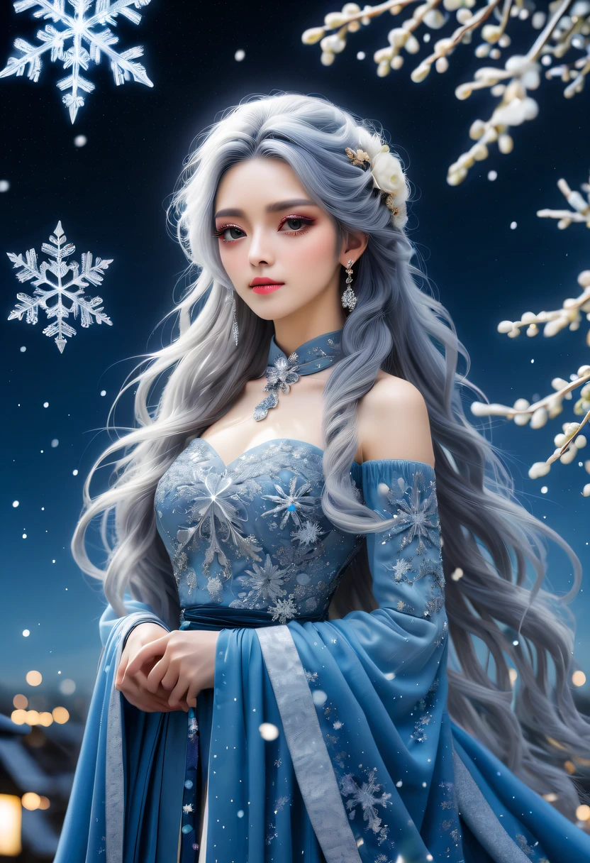 (tmasterpiece,8K,Best quality,A high resolution,ultra - detailed,ultra-realistic realism),(beautiful big snowflakes:1.4),Yamazawa,moon full, 独奏, Long gray hair, As estrelas (sky sky), Eau, ripples, reflector, blossoms, starrysky, the space,EtherealBeauty,1 Ghost,high high quality,