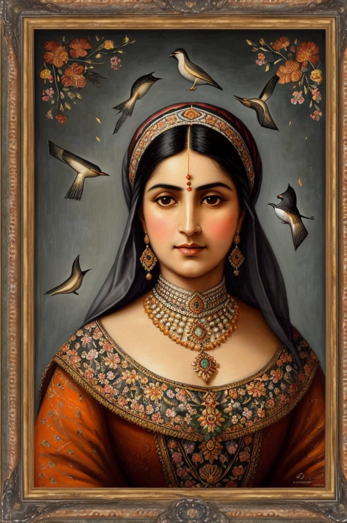 Persian Qajar period woman , ((50 years old)) , heavy wrinkle on face , (gray and dark hair) , Bright dark face
, ((detailed face)) , Rembrandt light , in traditional Orange dress , fish pattern on dress , ((background contains painting of birds, floral frame )), ((perfect rectangular frame))