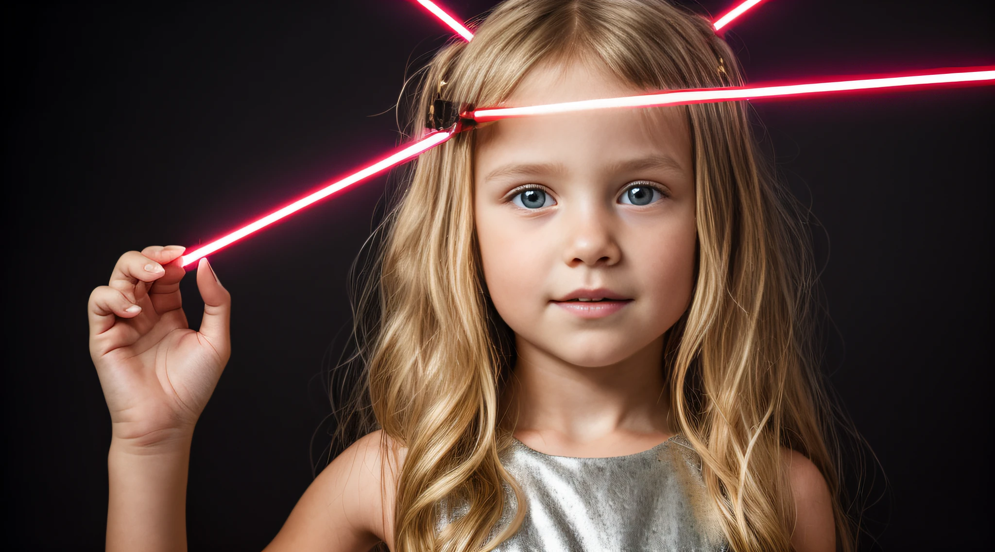 Lasers VERMELHOS VERMELHOS , close-up CHILDREN BLONDE GIRL WITH VERY LONG HAIR, em um fundo escuro, studio photo session, Vestido prateado. laser vermelho.