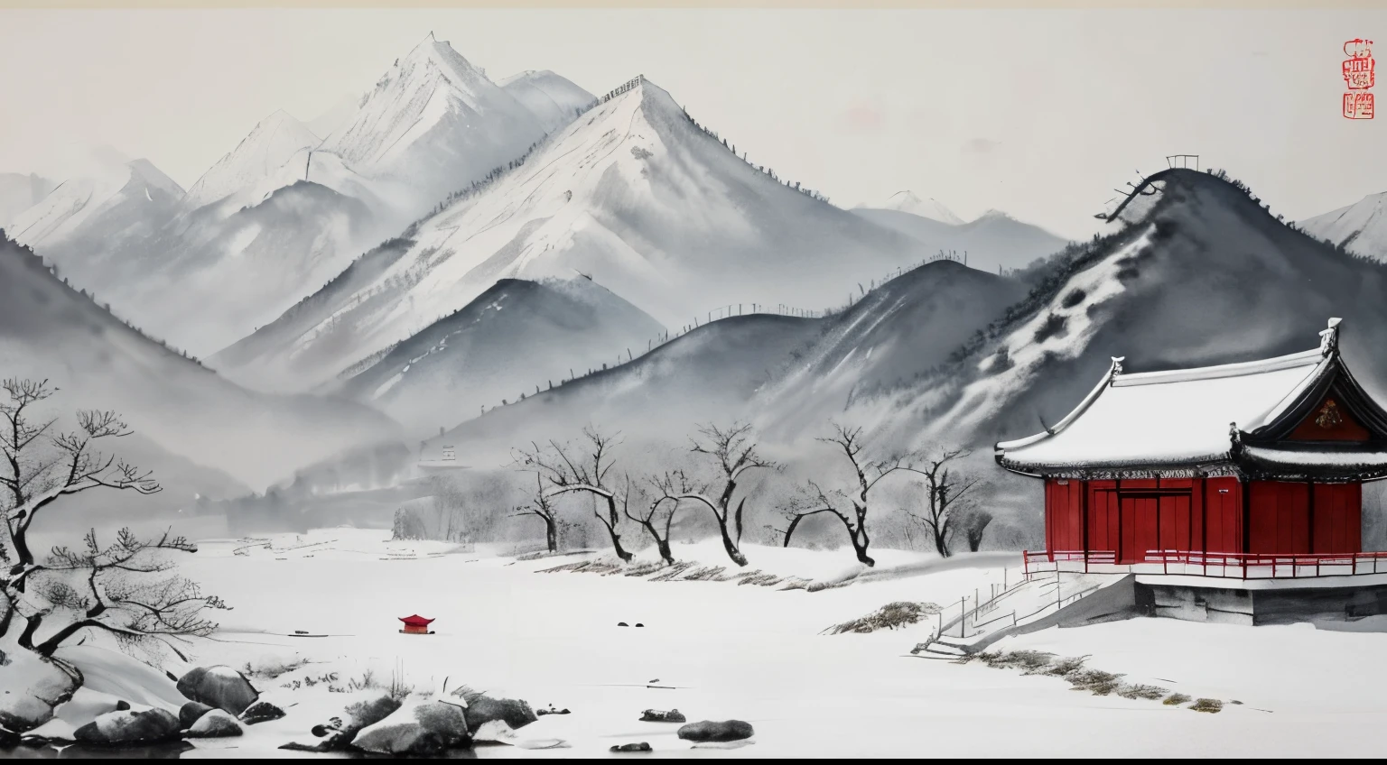 Winter scenery，snow landscape,heavy snowy，Tradition Chinese Ink Painting, traditional chinese art, author：Guo Xi, author：Ma Yuanyu, Traditional chinese painting, author：Xu Xi, author：Luo Mu, author：Yang Buzhi, author：Li Kelan, author：Zhi&#39;an, ink and watercolor painting ) ) ) ), China ink painting, chinese painting style