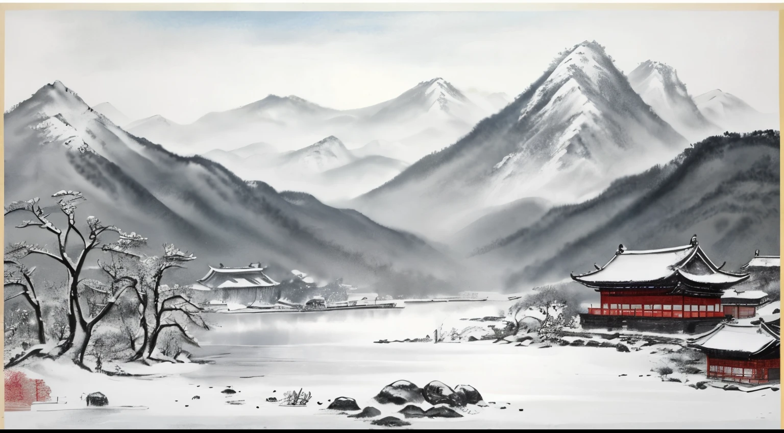 Winter scenery，snow landscape,heavy snowy，Tradition Chinese Ink Painting, traditional chinese art, author：Guo Xi, author：Ma Yuanyu, Traditional chinese painting, author：Xu Xi, author：Luo Mu, author：Yang Buzhi, author：Li Kelan, author：Zhi&#39;an, ink and watercolor painting ) ) ) ), China ink painting, chinese painting style