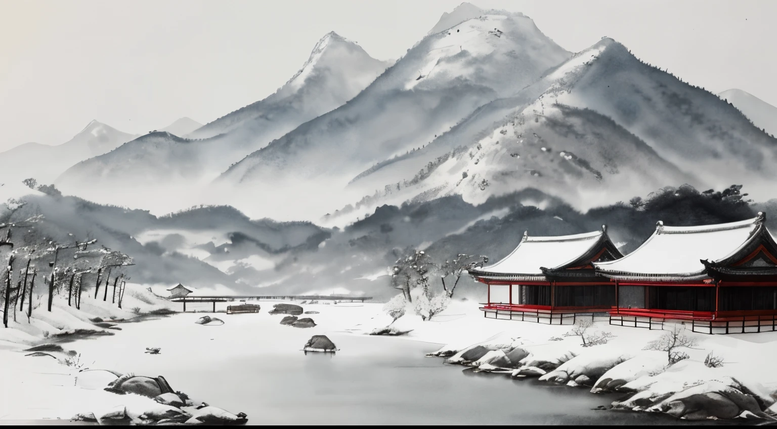 Winter scenery，snow landscape,heavy snowy，Tradition Chinese Ink Painting, traditional chinese art, author：Guo Xi, author：Ma Yuanyu, Traditional chinese painting, author：Xu Xi, author：Luo Mu, author：Yang Buzhi, author：Li Kelan, author：Zhi&#39;an, ink and watercolor painting ) ) ) ), China ink painting, chinese painting style