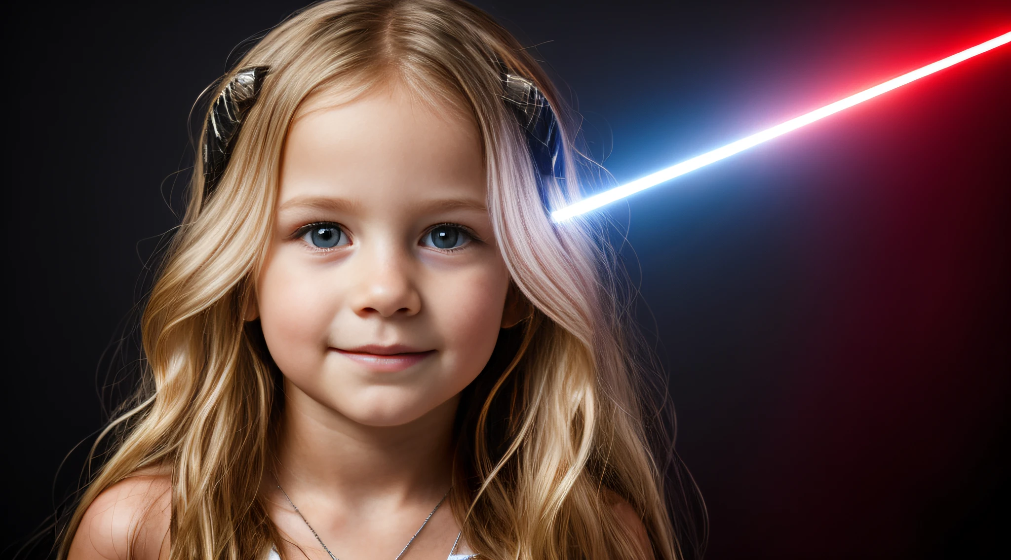 HALO DE LASER VERMELHO, close-up CHILDREN BLONDE GIRL WITH VERY LONG HAIR, em um fundo escuro, studio photo session, Vestido prateado.