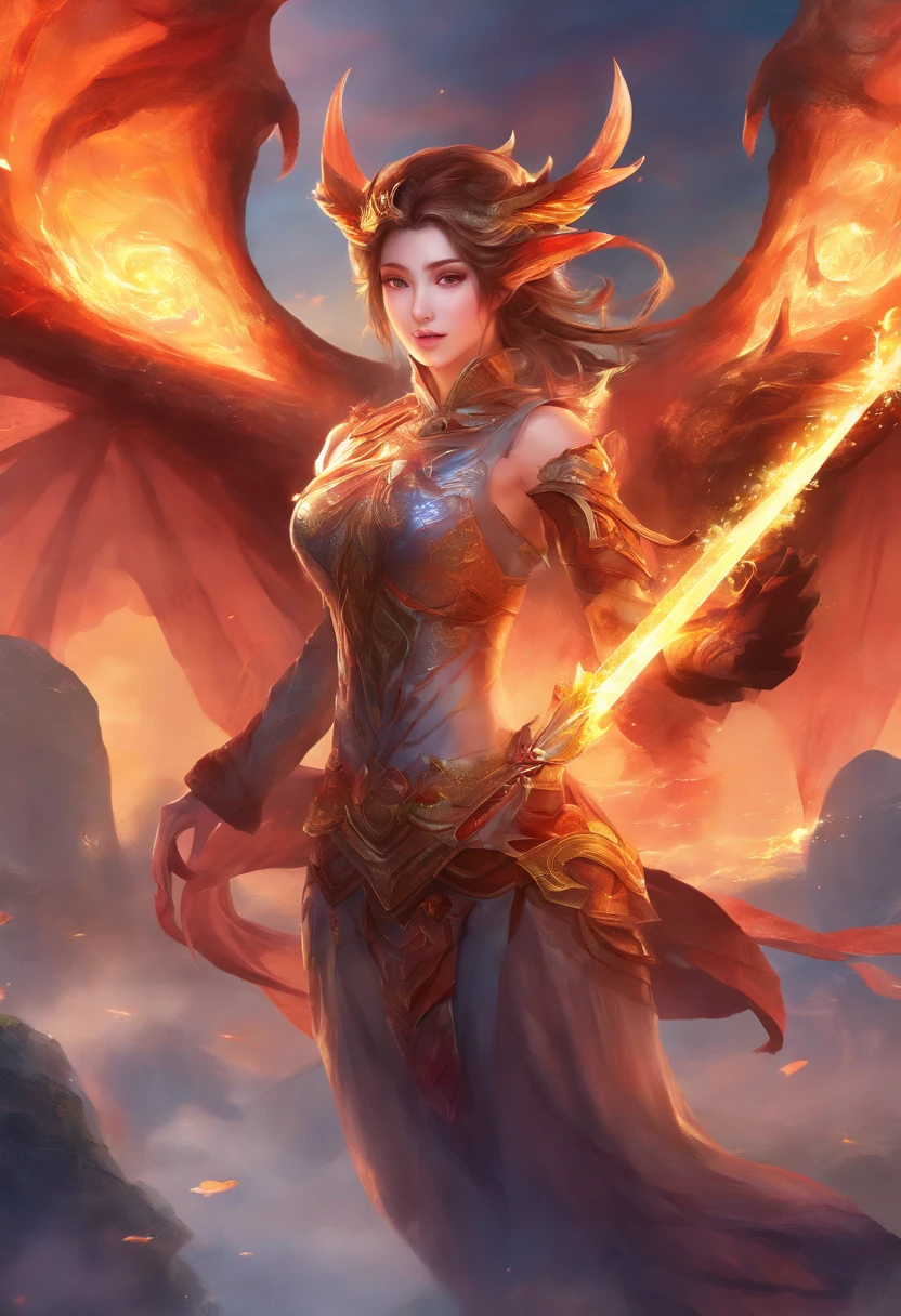 tmasterpiece,quality,8K,dragon girl,Full body lesbian, Dragon's Horn,Heterochromatic pupil ,Wearing dragon scales,Holding dragon sword,((fire saber)),Black wings,(merit),Eternal,Xianxia background,Dragon tail