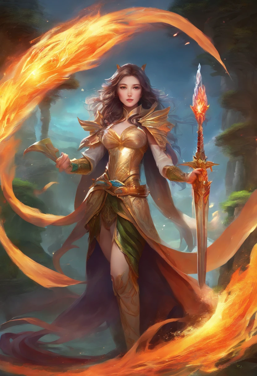 tmasterpiece,quality,8K,dragon girl,Full body lesbian, Dragon's Horn,Heterochromatic pupil ,Wearing dragon scales,Holding dragon sword,((fire saber)),Black wings,(merit),Eternal,Xianxia background,Dragon tail