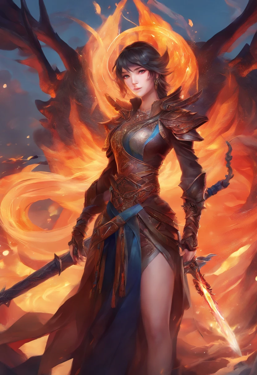 tmasterpiece,quality,8K,dragon girl,Full body lesbian, Dragon's Horn,Heterochromatic pupil ,Wearing dragon scales,Holding dragon sword,((fire saber)),Black wings,(merit),Eternal,Xianxia background,Dragon tail