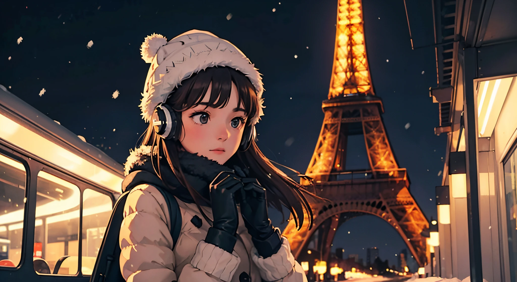 lofi relaxed one brunette girl with headphones drives inside bus, thinking, looking up, finger touches thin. winter night, it's (snowing) a lot. beautiful landscape Paris, Eiffel tower, lights. travel. tourist warm clothes, gloves, winter hat. long hair. front view