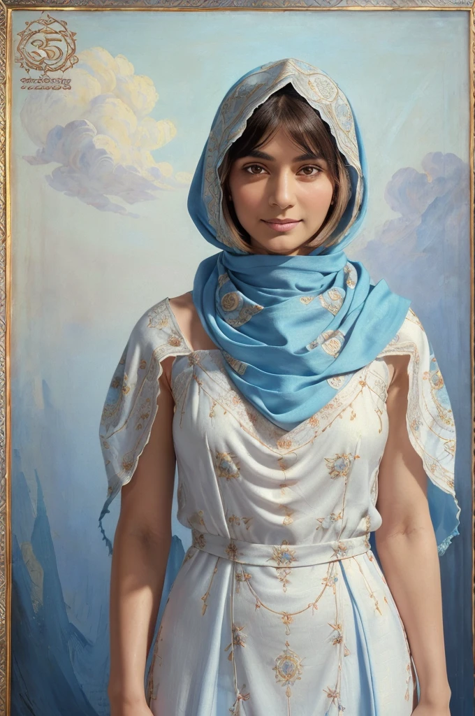 ((full body render)) , Persian Sassanid empire period woman , ((35 years old)) , casual face ,((Calm and proud face with a little smile)), Bright face , ((one-length haircuts))
, ((detailed face)) , Rembrandt light ,  in traditional cream  gown dress , ((long blue scarf on head)) , ((rose pattern on dress)) , ((background inspired by painting of clouds and birds  )), ((perfect rectangular frame))