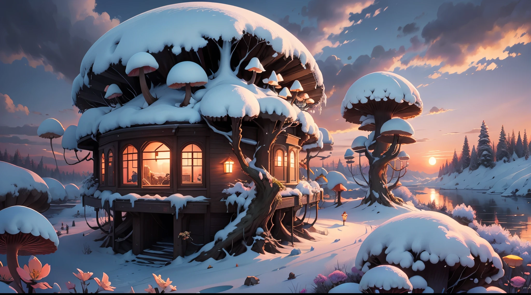 Ice World，（Cogumelos：1.3），（mushroom house：1.4），Oyuki，（snow cover：1.4），the setting sun，eventide，flowers in full bloom，a plant，Overclocked renderer，high high quality，16K resolution，（Best quality at best），（tmasterpiece），ultra - detailed，detailed detail，Accurate