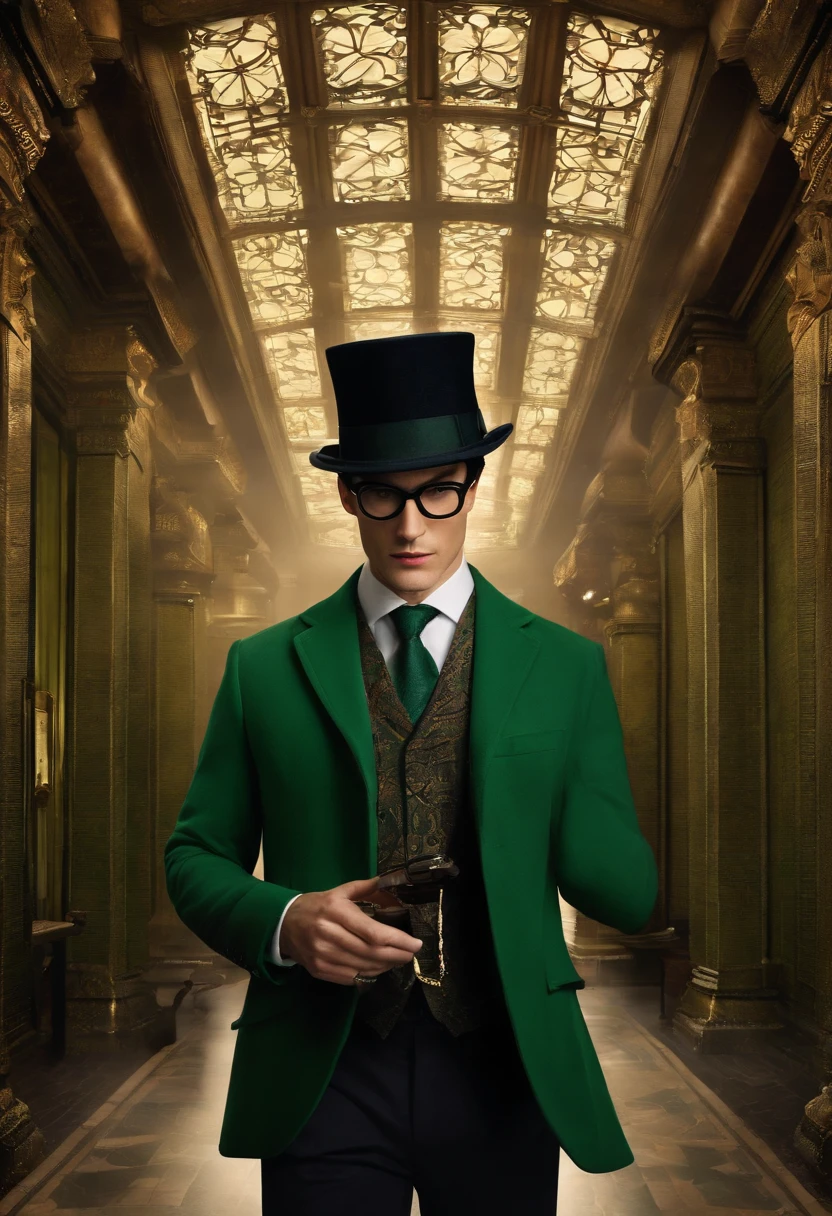 A beautifully intricate and ornate puzzle box with mysterious symbols and engravings,Batman,Ed is tall with neat black hair, glasses, wears a green suit, wears a bowler hat, famously portrayed by Cory Michael Smith, male